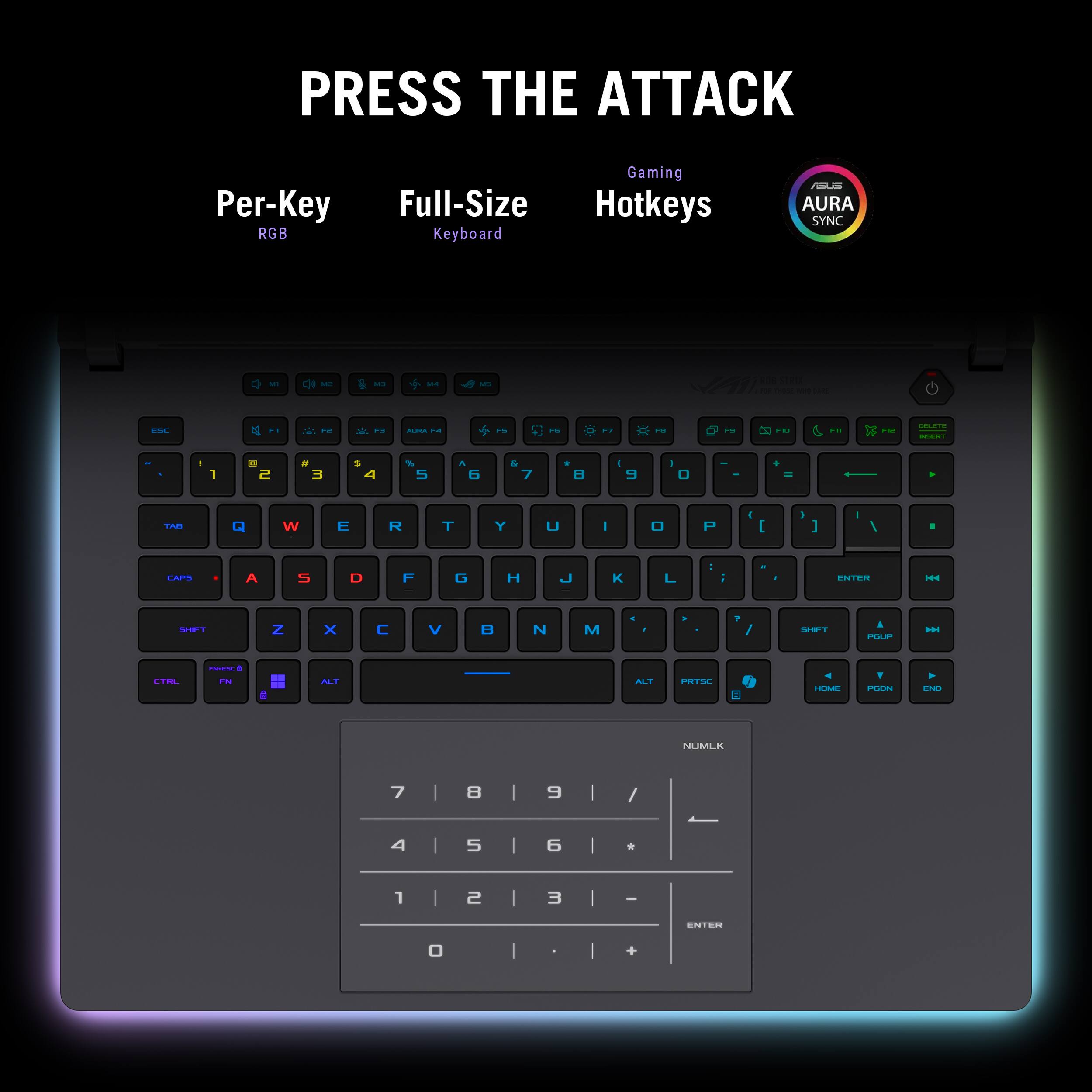 PRESS THE ATTACK Gaming Per-Key Full-Size Hotkeys RGB Keyboard AURA SYNC

The image features a close-up of a keyboard with a unique design, likely intended for gaming purposes. The keyboard is equipped with RGB lighting, which adds a visually appealing touch to the device. The keyboard is also described as having a full-size design, which suggests that it is spacious and comfortable to use. Additionally, the keyboard is advertised as having hotkeys, which are shortcut keys that allow users to quickly access specific functions or commands. The image also highlights the per-key customization feature, which allows users to personalize their keyboard by adjusting the lighting and other settings for each individual key.