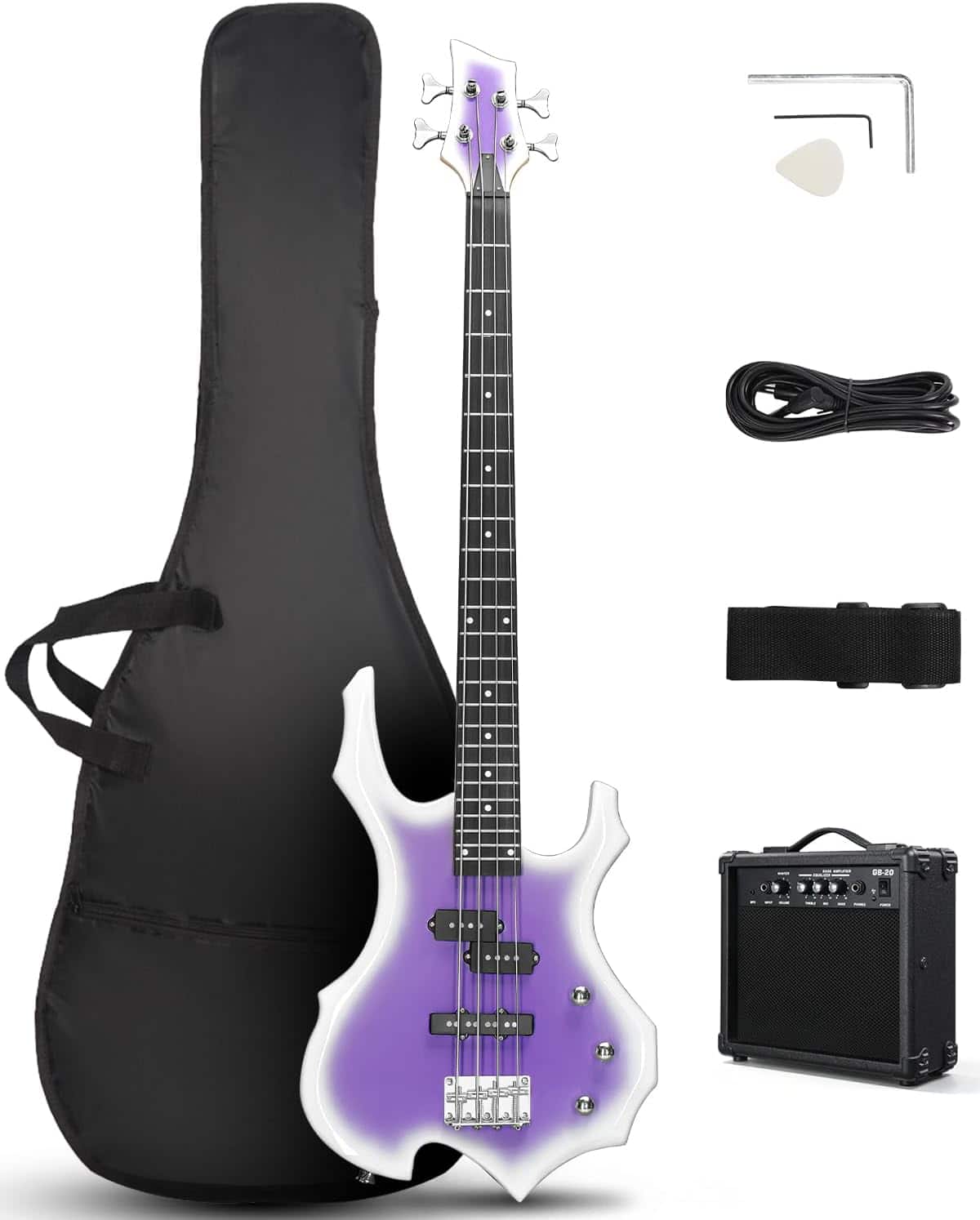 Winado - Electric Bass Guitar Full Size Flame Design Bass Guitar Kit(Purple) Full Equipment with 20 Watt Amplifier, Portable Bass