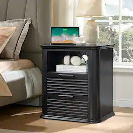 Kadyn - Resenkos 22" Fluted Nightstand with Charging Station, Modern 2-Drawer End Table with Open Storage for Bedroom - Black