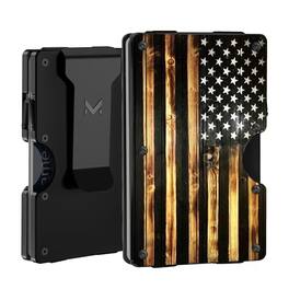 Vulpecula Spade - Minimalist Aluminum Wallet for Men, Slim RFID Blocking Money Clip, Front Pocket Metal Card Holder for Business Travel - Wood American Flag-Black