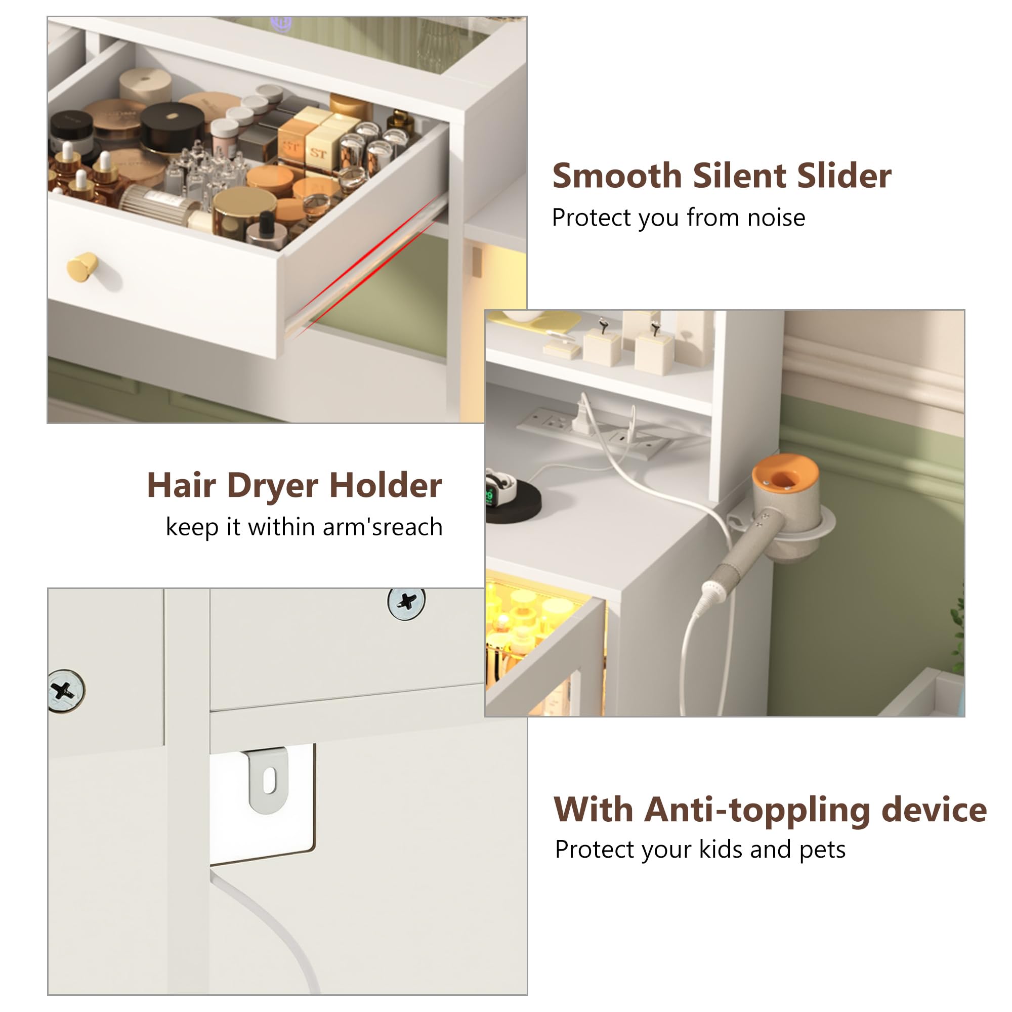 97% ST

Smooth Silent Slider
Protect you from noise

Hair Dryer Holder
keep it within arm's reach

With Anti-toppling device
Protect your kids and pets