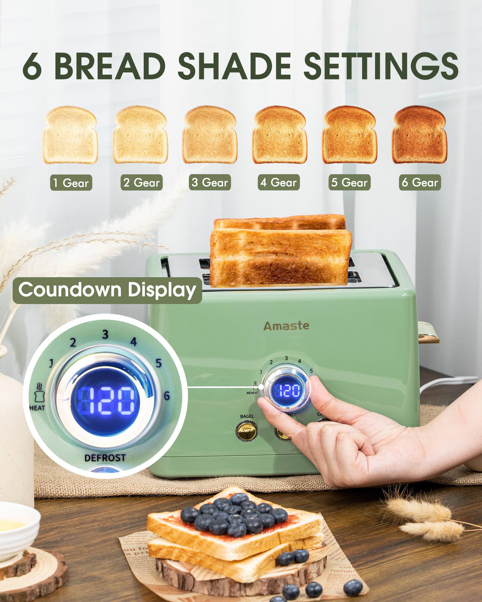6 BREAD SHADE SETTINGS

1 Gear  
2 Gear  
3 Gear  
4 Gear  
5 Gear  
6 Gear  

Countdown Display

Amaste

HEAT  
DEFROST  
REHEAT  
BAGEL  

8:20