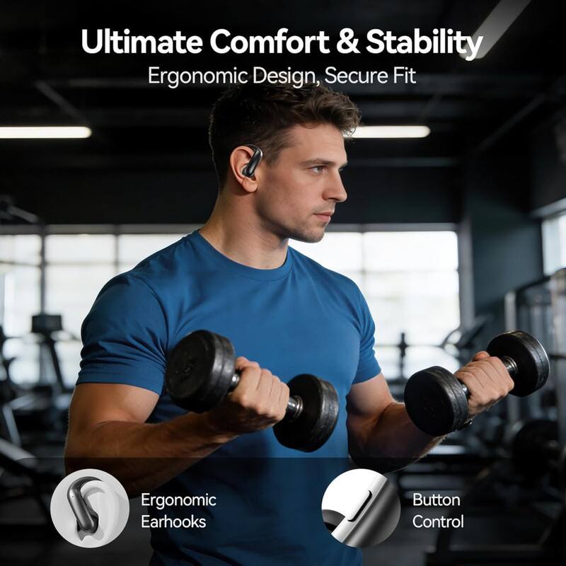 Ultimate Comfort & Stability  
Ergonomic Design, Secure Fit  

Ergonomic Earhooks  
Button Control