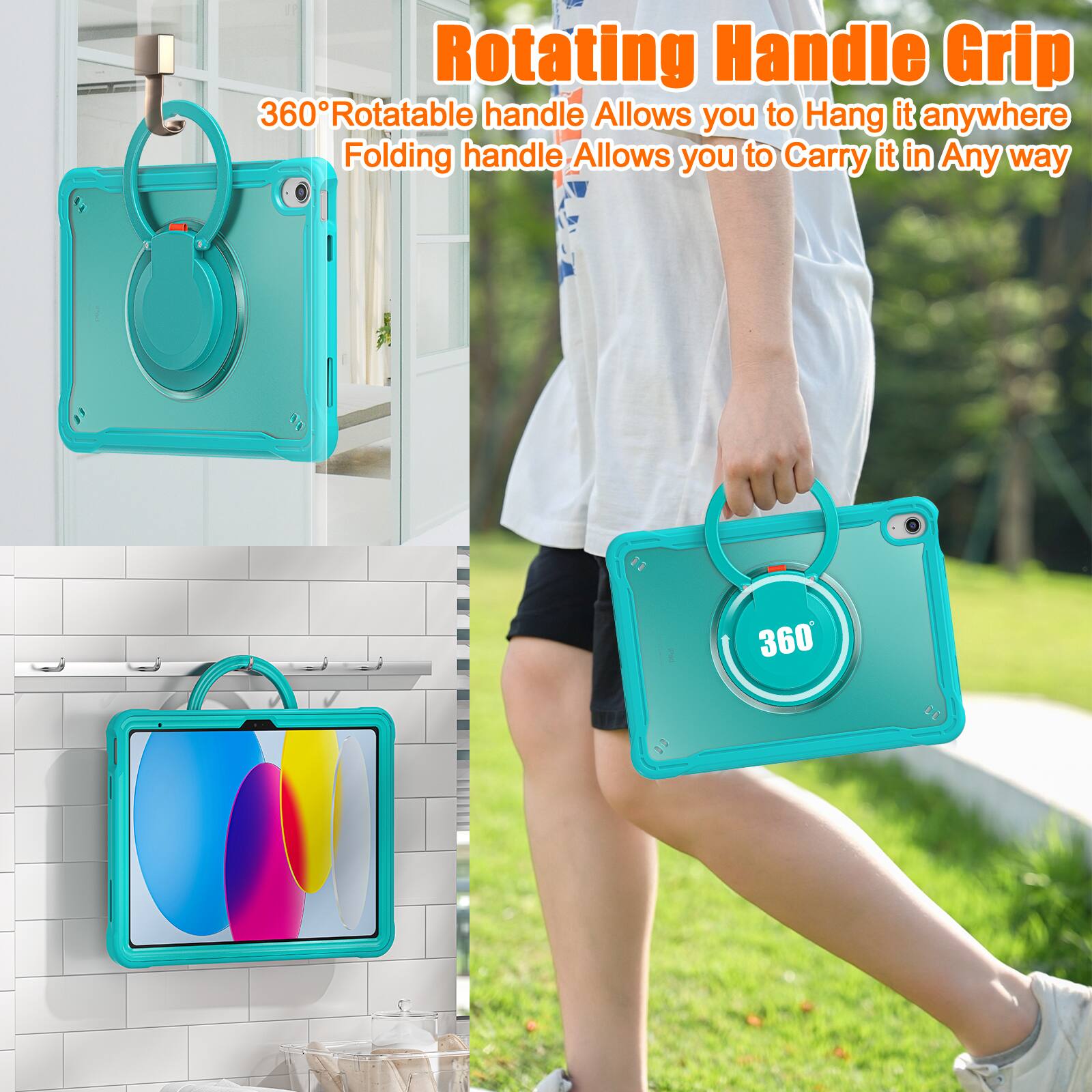 Rotating Handle Grip  
360° Rotatable handle Allows you to Hang it anywhere  
Folding handle Allows you to Carry it in Any way