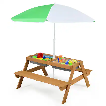 Front. Costway - Costway 3-in-1 Kids Picnic Table Wooden Outdoor Sand & Water Table with Umbrella Play Boxes - Natural.