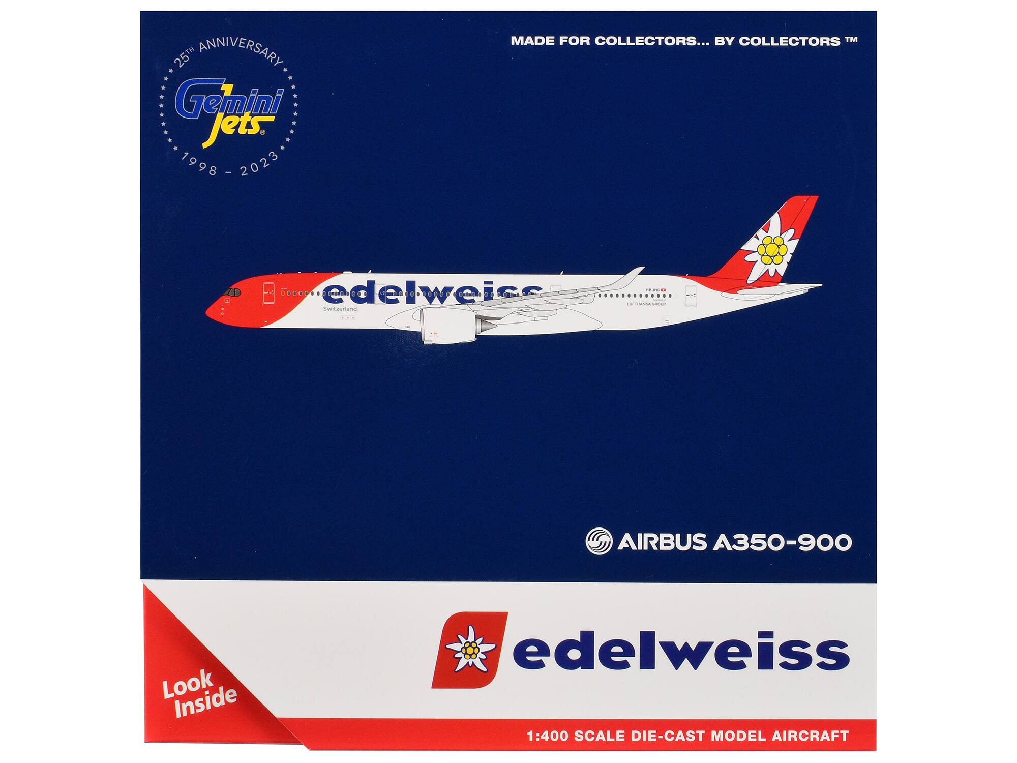 25th Anniversary  
Gemini Jets  
1998 - 2023  

MADE FOR COLLECTORS... BY COLLECTORS™  

edelweiss  
AIRBUS A350-900  

Look Inside  

1:400 SCALE DIE-CAST MODEL AIRCRAFT