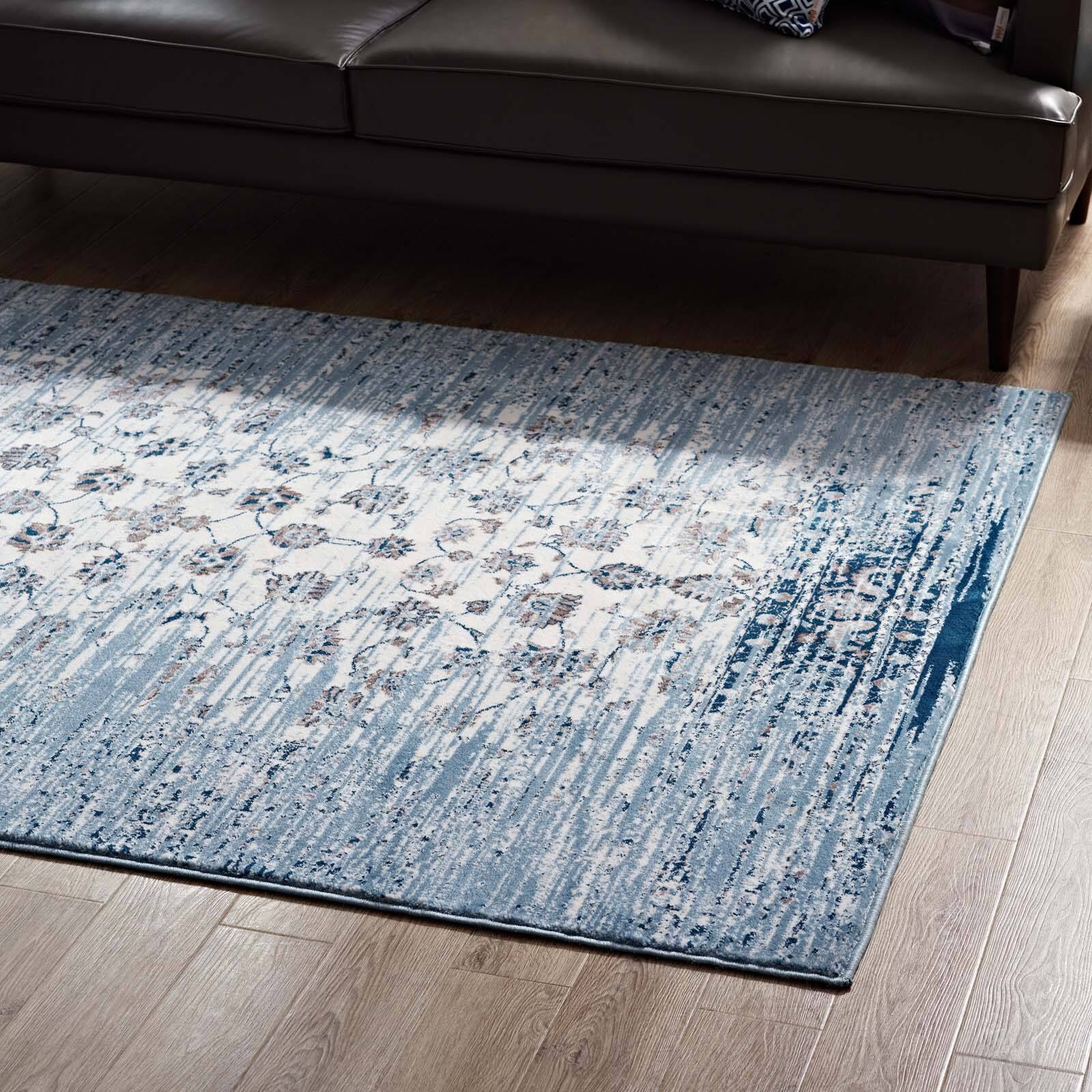 Back. Modway - Chiara Distressed Floral Lattice Contemporary Area Rug - Moroccan Blue and Ivory.