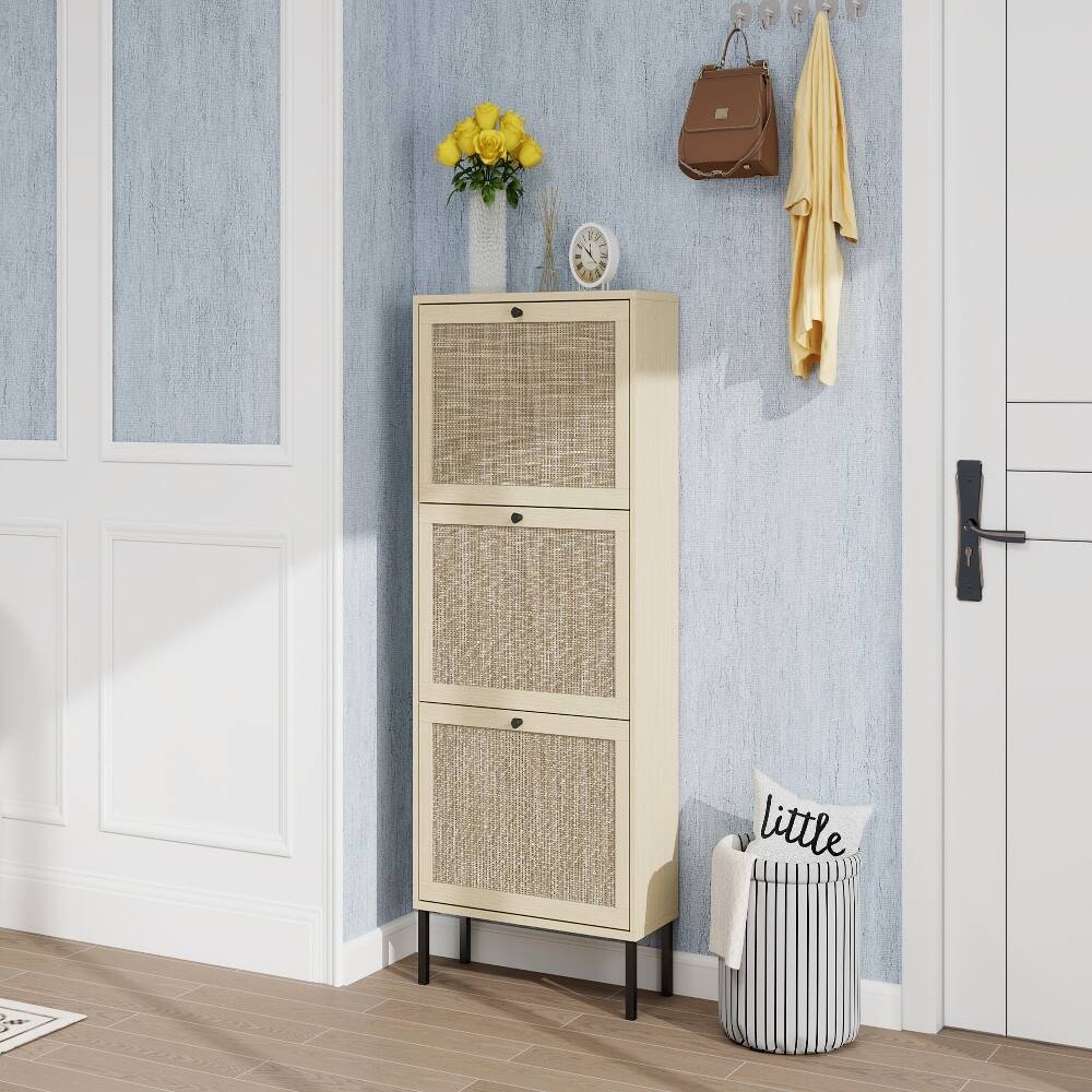 Alt View 3. Loheer - Loheer Rattan 3 Door Shoe Rack, Freestanding Modern Shoe Storage Cabinet, Natural Finish - Natural.