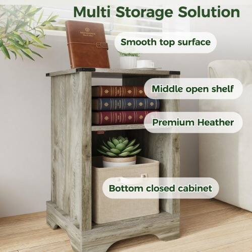 Multi Storage Solution  
Smooth top surface  
Middle open shelf  
Premium Heather  
Bottom closed cabinet