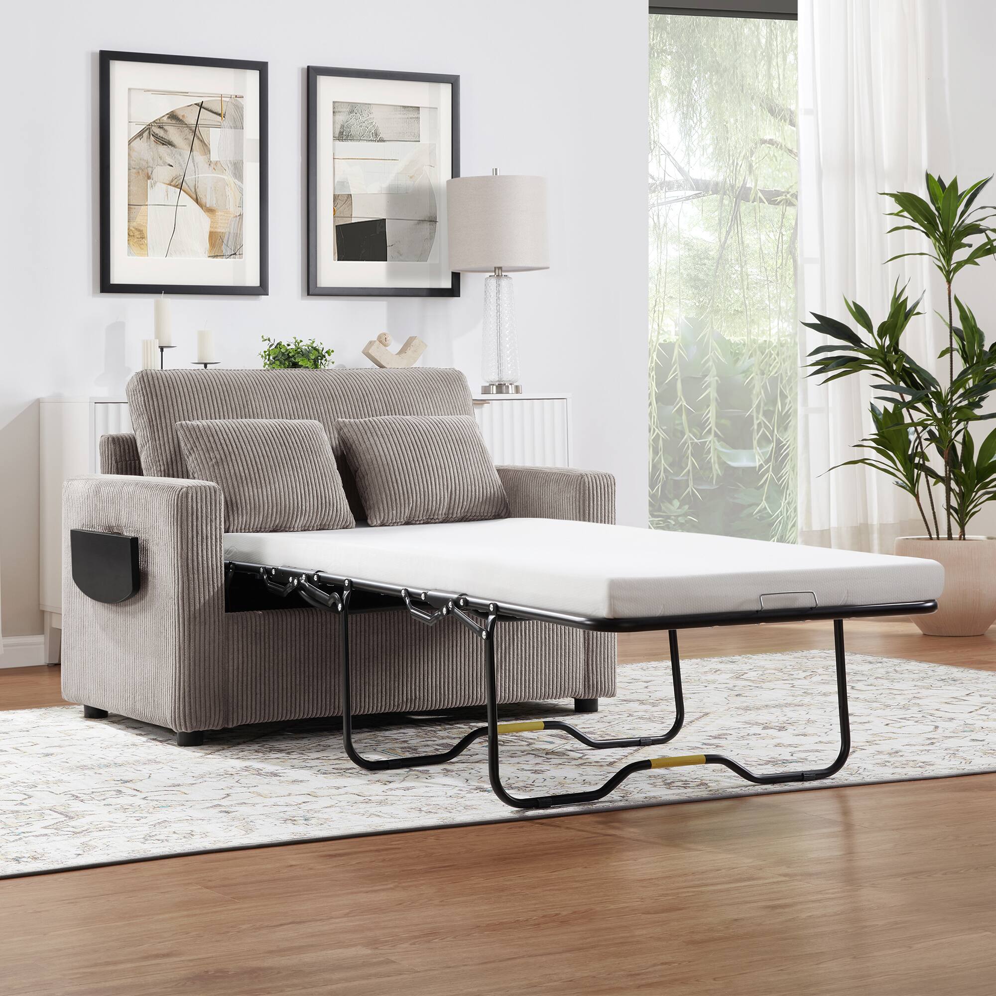 Alt View 6. Tiramisubest - Twin Size Sofa Bed Loveseat Sofa with Foldable Mattress,Side Table,Storage Pocket and USB Ports for Living Room,Brown - Grey+Brown.
