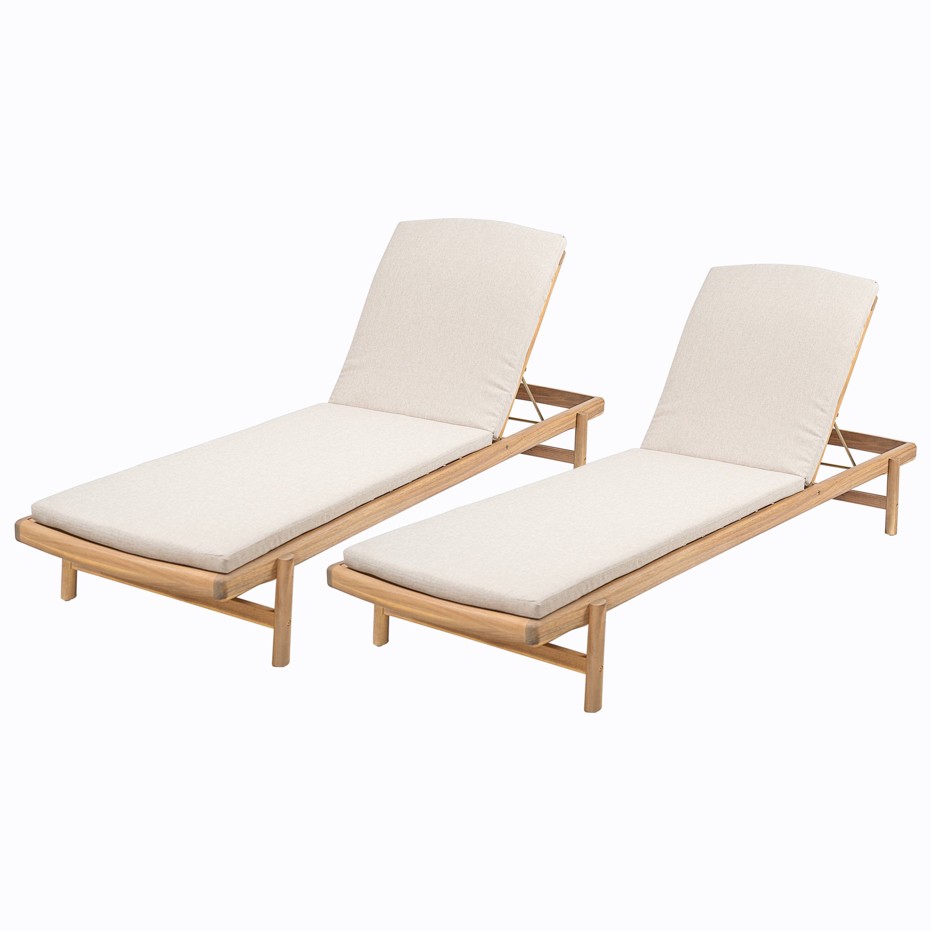 Angle. Mondawe - Set of 2 Acacia Wood Chaise Lounge With Cushion - Teak+ Beige.