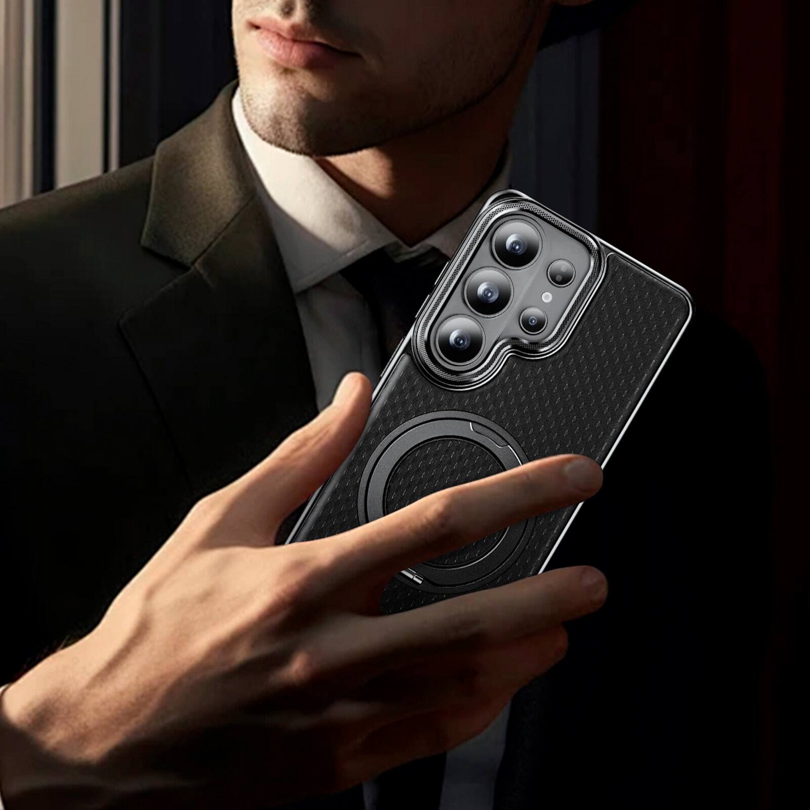 Back. Dteck - Shockproof Magnetic Case for Samsung Galaxy S26 Ultra with 360 Rotating Ring Stand, Electroplated Frame Protective Cover - Gray.