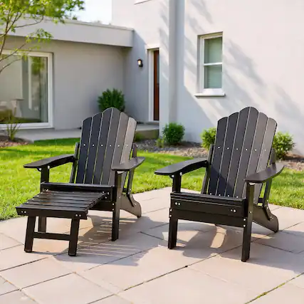 Front. Kadyn - Lounge Chair Outdoor, Patio Lounge Chair,All-Weather HIPS Patio Adirondack Lounge Chair with Retractable Footrest-Black - Black.