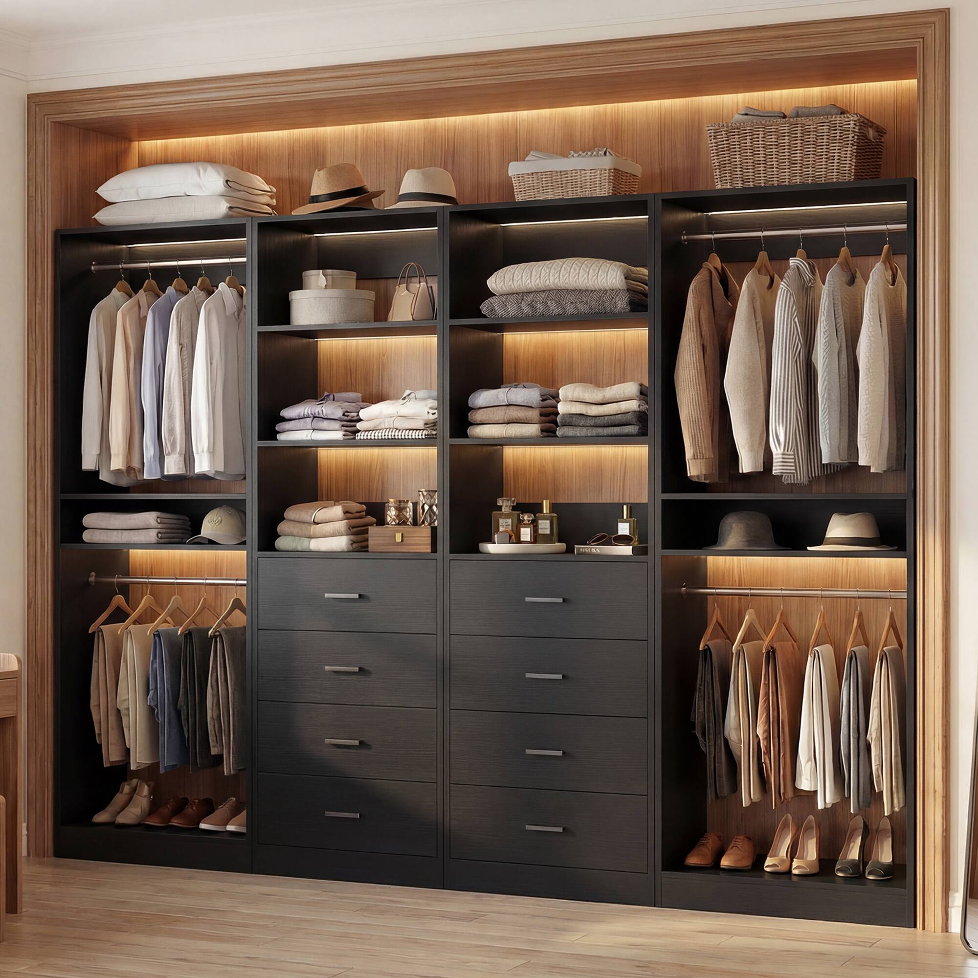 Front. Aheaplus - 92.6" Walk-in Closet Organizer System with 8 Drawers and 4 Hanging Rods, 4 Piece Set - Black.