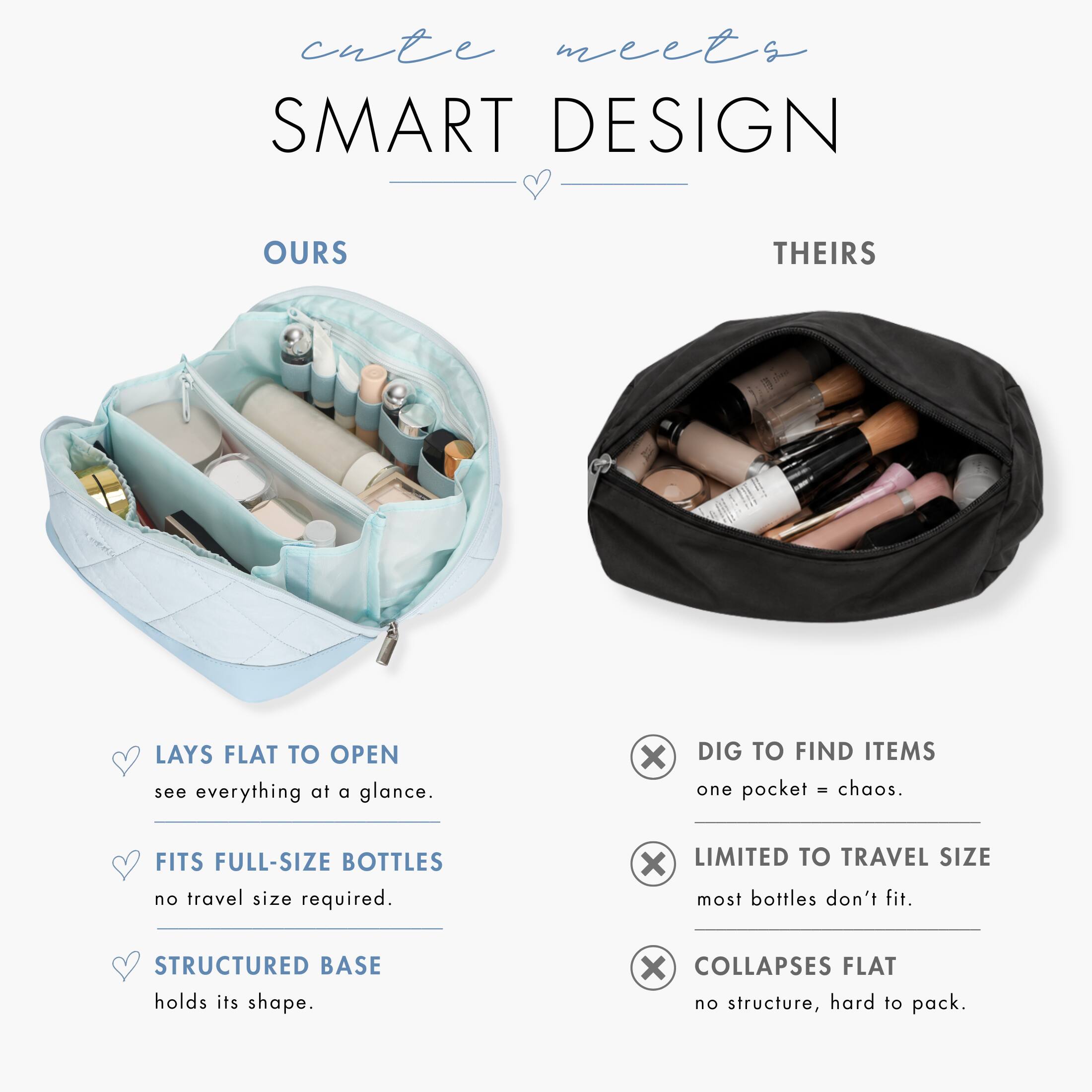 cute meets SMART DESIGN

OURS
- LAYS FLAT TO OPEN
  see everything at a glance.
- FITS FULL-SIZE BOTTLES
  no travel size required.
- STRUCTURED BASE
  holds its shape.

THEIRS
- DIG TO FIND ITEMS
  one pocket = chaos.
- LIMITED TO TRAVEL SIZE
  most bottles don't fit.
- COLLAPSES FLAT
  no structure, hard to pack.