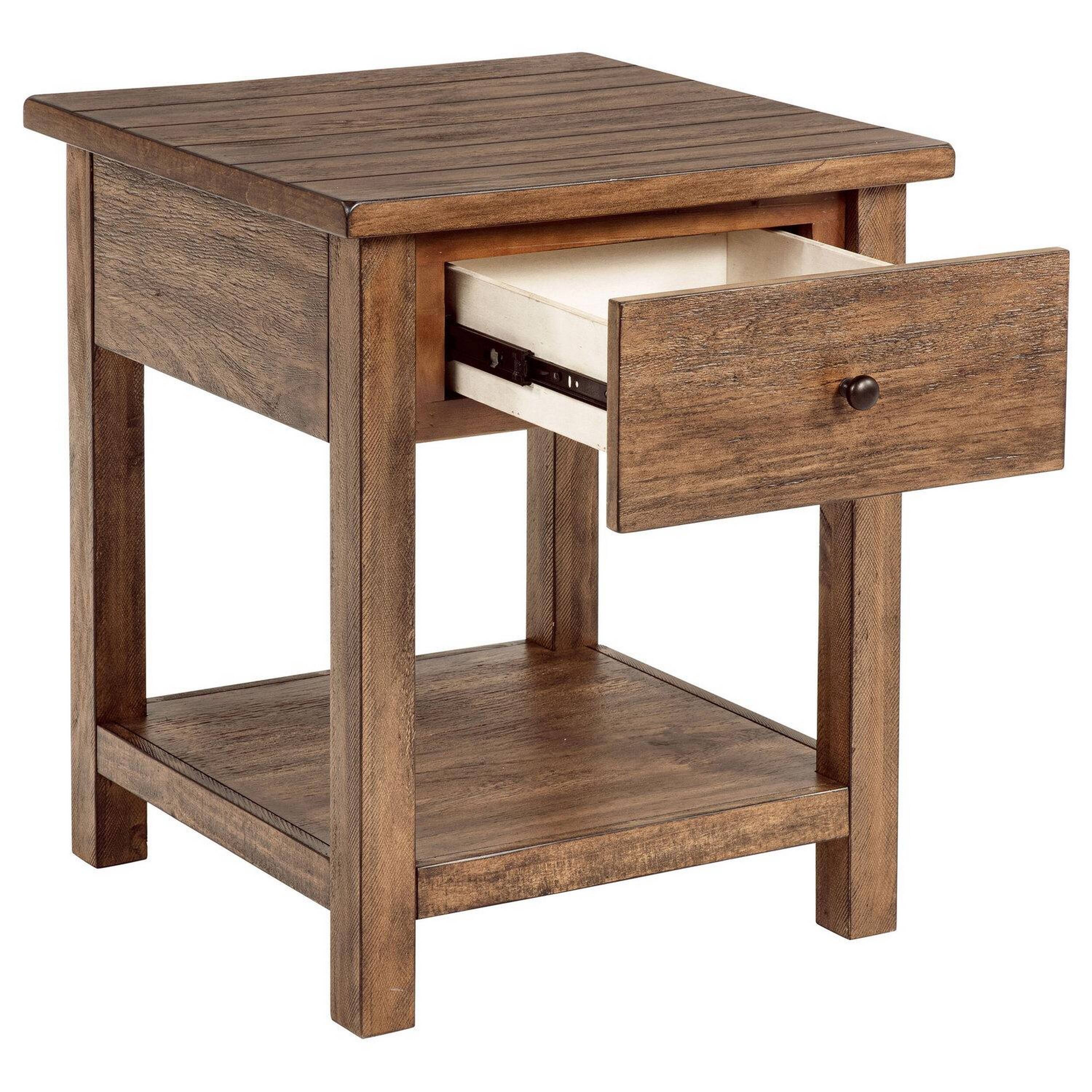 Left. Manhattan Lane - Ayne Side End Table, 1 Shelf, 1 Drawer, Wood, Square 20 Inch - Brown, Black.