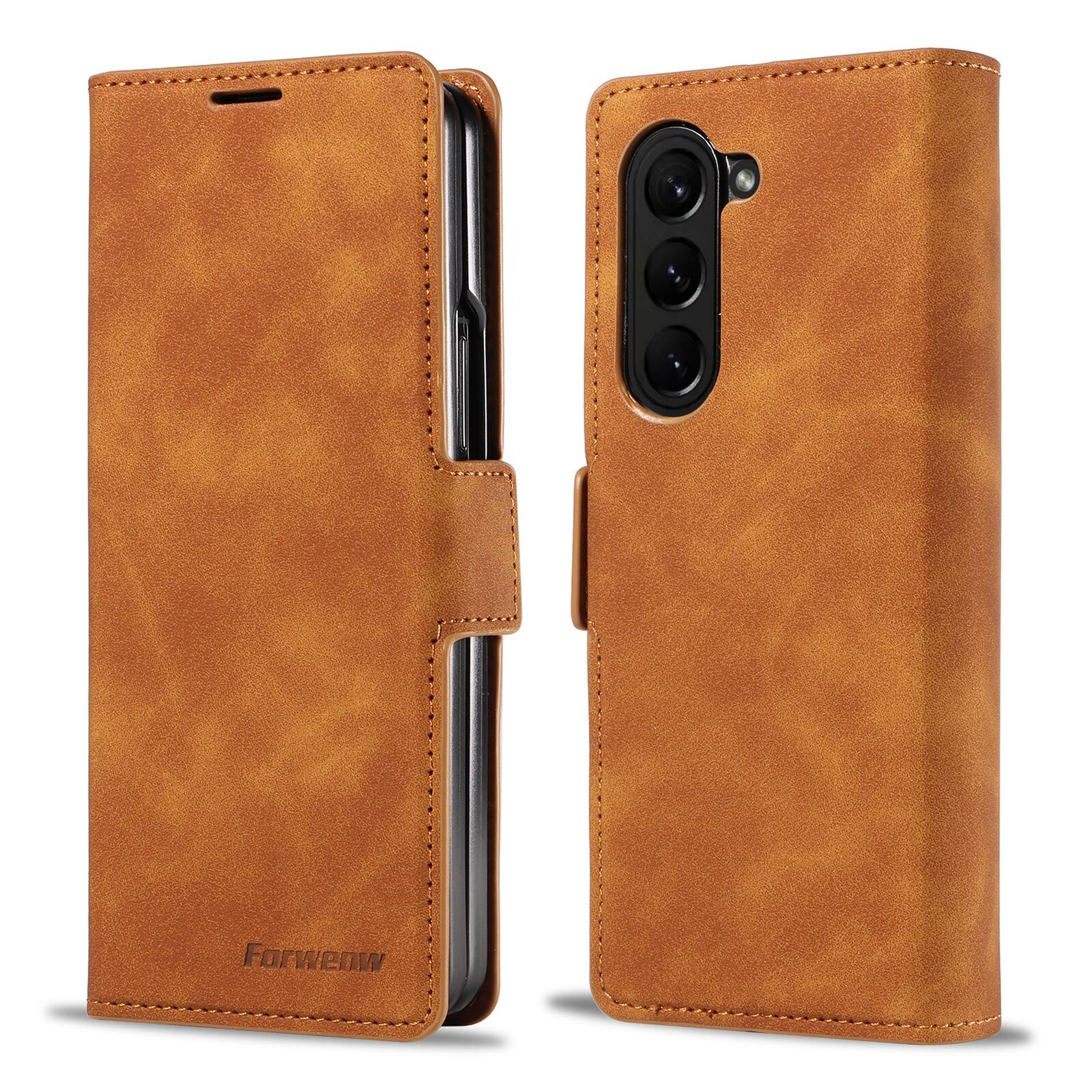 Back. Dteck - Shockproof PU Leather Case for Samsung Galaxy Z Fold 8 Ultra, Wallet RFID Blocking with Card Slots Flip Stand Cover - Brown.