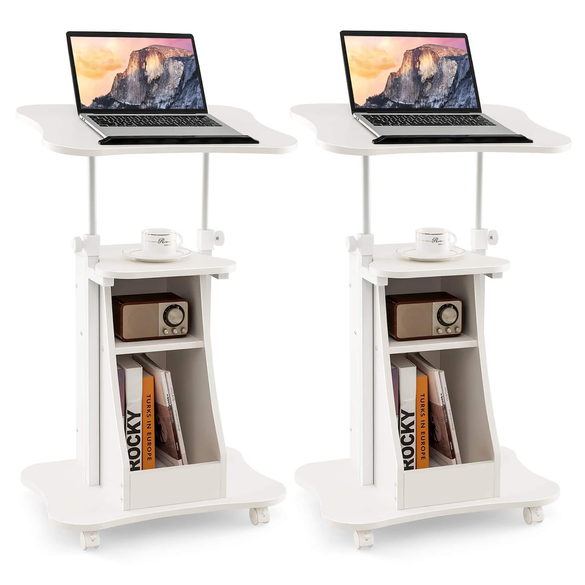 Gymax - 2PCS Sit-to-Stand Laptop Desk Cart Rolling Mobile Height Adjustable w/ Storage - White
