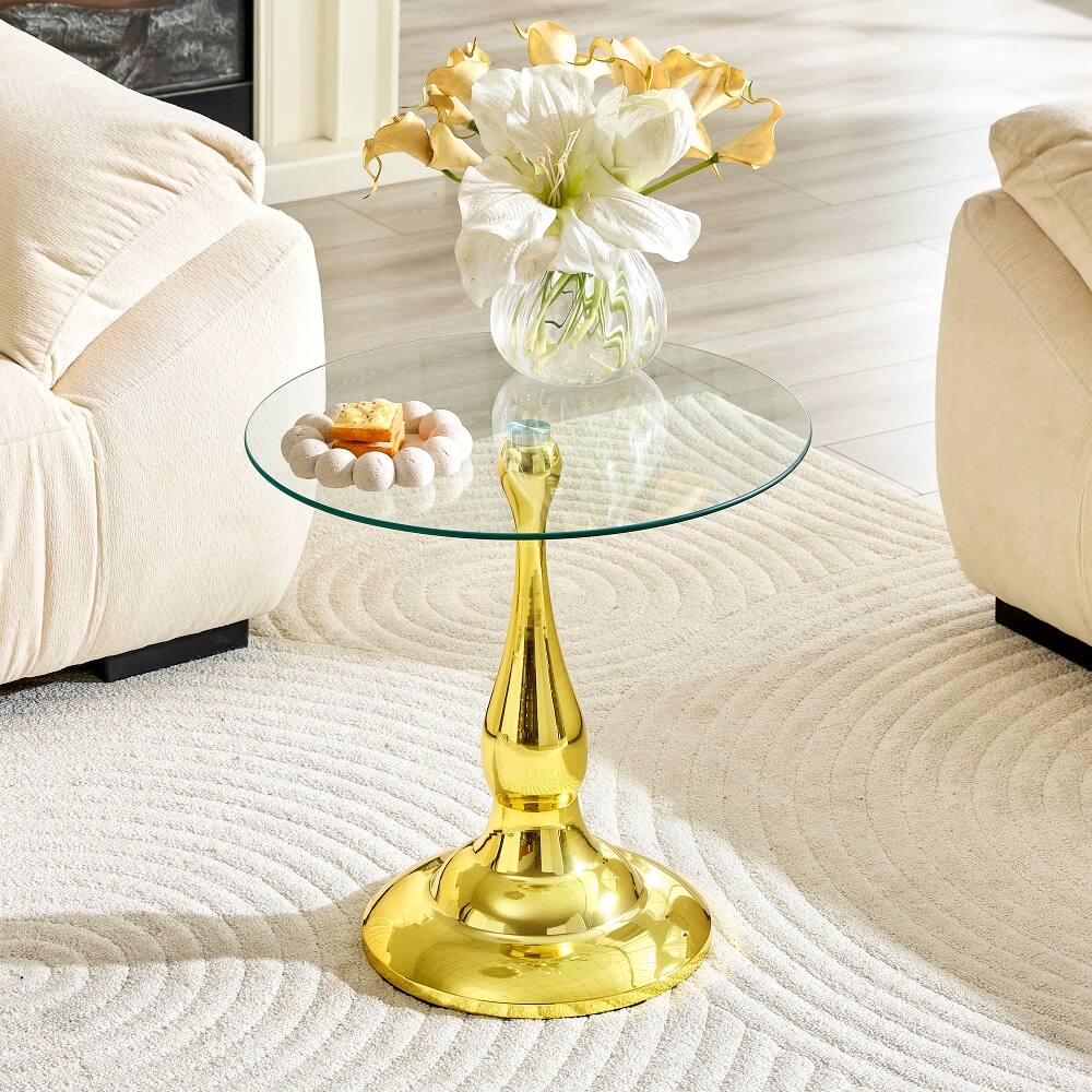 Alt View 6. Loheer - Loheer Small Metal Side Table Round Glass Top Gold End Table - Gold.