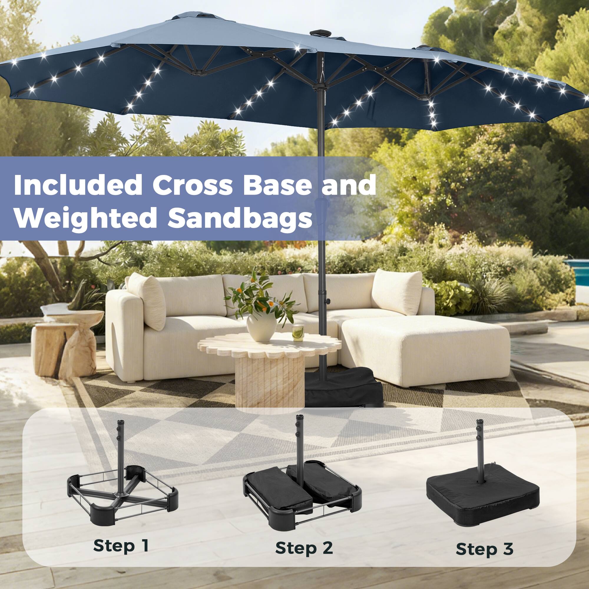 Included Cross Base and Weighted Sandbags

Step 1

Step 2

Step 3