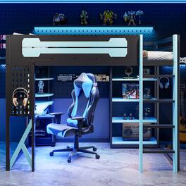 Anysun - Full Size Wood Loft Bed with Desk, Shelves, Power Outlet & USB/Type-C Ports, and RGB Light - Blue