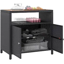 Outsunny - Wicker Outdoor Storage Cabinet, Rattan Outdoor Bar Table with Acacia Wood Countertop - Black
