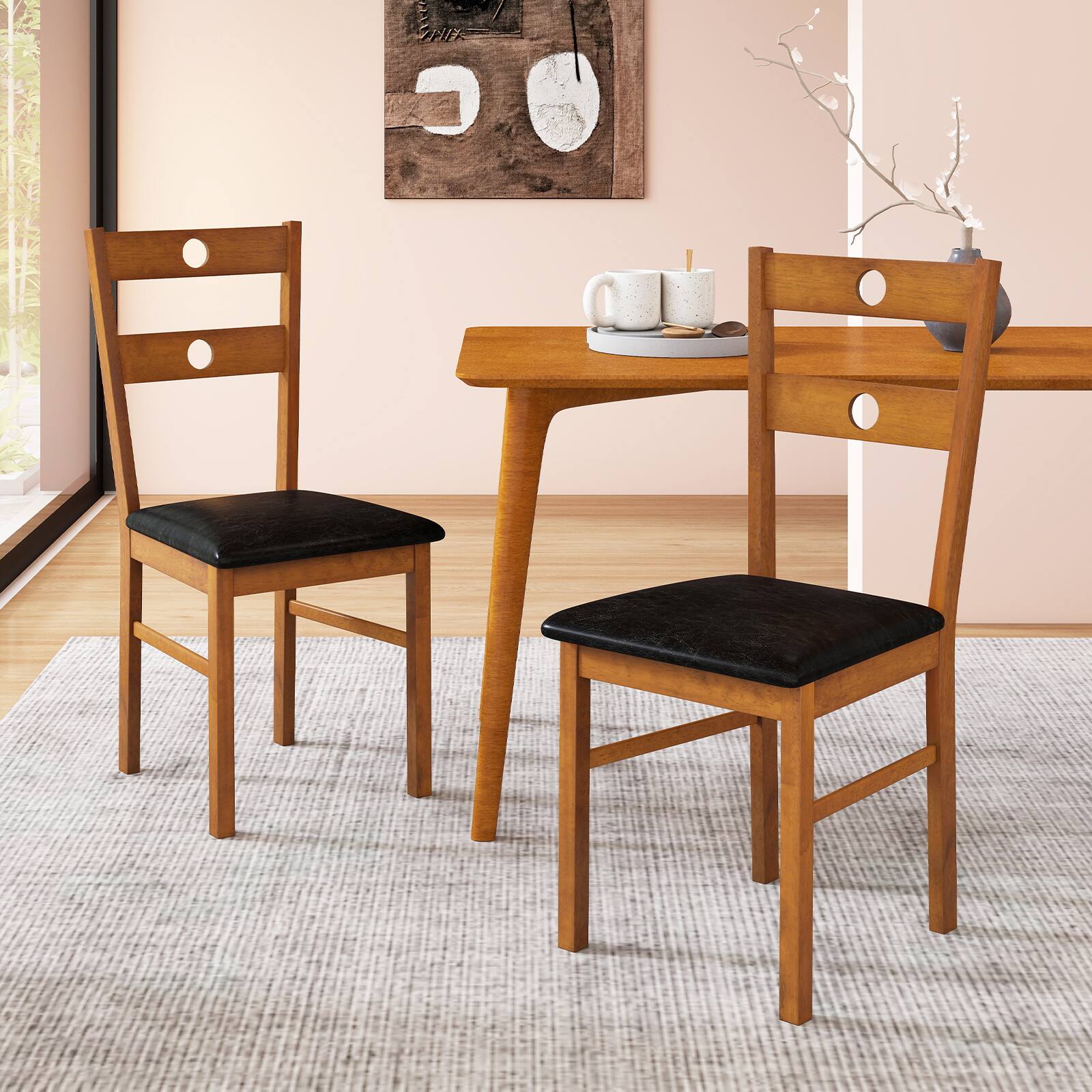 Alt View 4. Costway - Costway Wood Dining Chairs Set of 4 with Rubber Wood Frame, Padded Seat & Slatted Backrest - Walnut.