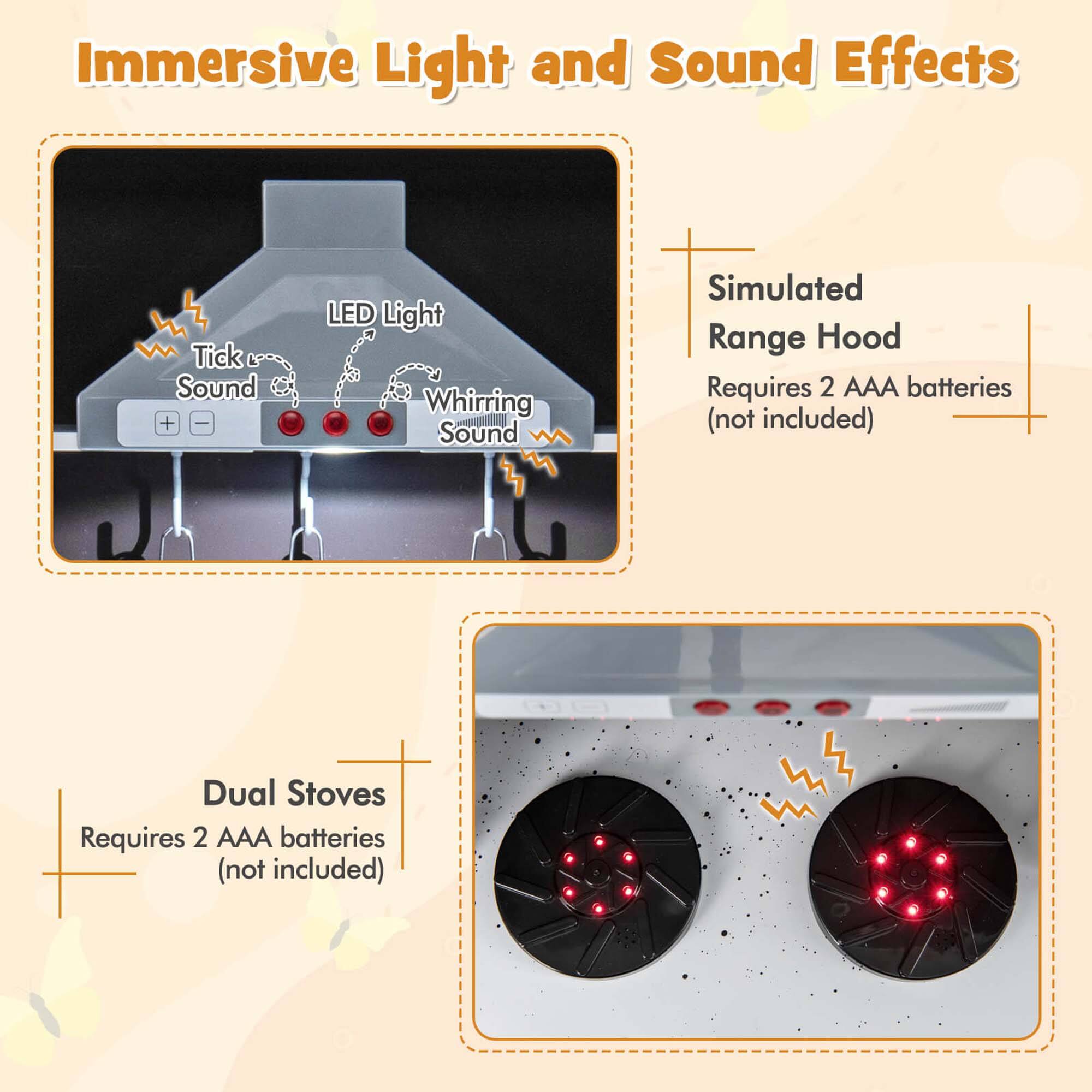 Immersive Light and Sound Effects

- Simulated Range Hood
  - Requires 2 AAA batteries (not included)
  - Tick Sound
  - LED Light
  - Whirring Sound

- Dual Stoves
  - Requires 2 AAA batteries (not included)