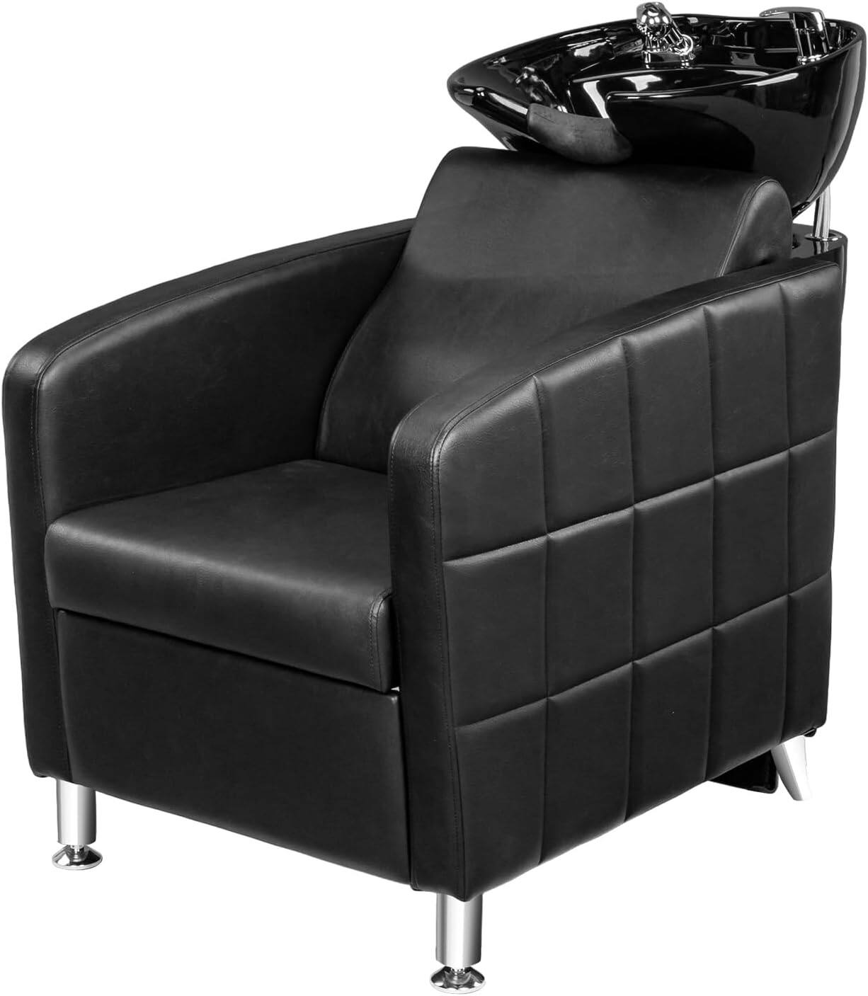 Winado - Backwash Unit Shampoo Barber Chair with Ceramic Bowl Sink & Retractable Sprayer & Rubber Reck Rest for Barbershop, Slaon - Black