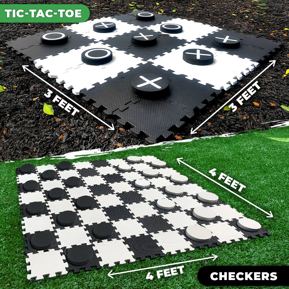 TIC-TAC-TOE  
3 FEET  
3 FEET  

CHECKERS  
4 FEET  
4 FEET