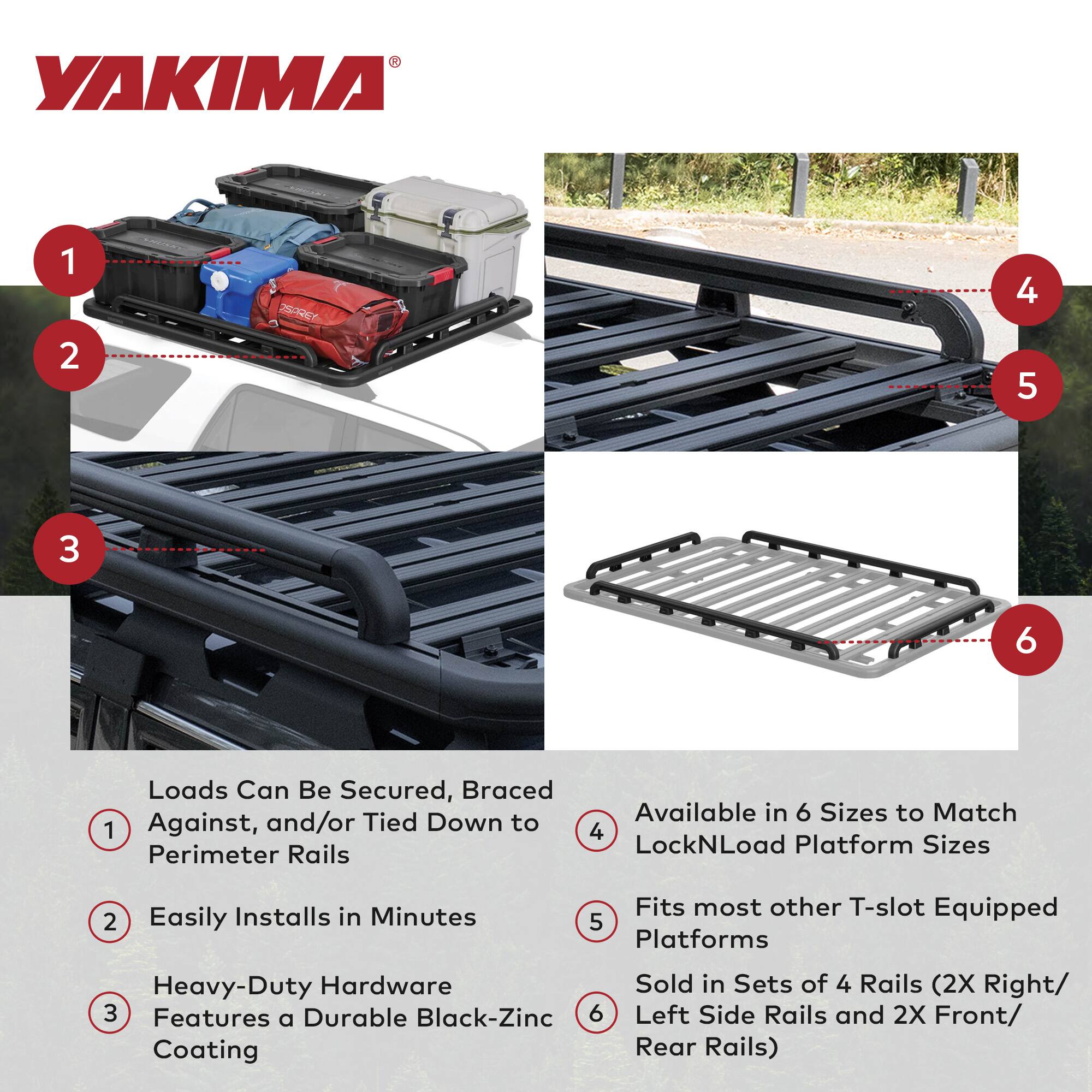 1. Loads Can Be Secured, Braced Against, and/or Tied Down to Perimeter Rails
2. Easily Installs in Minutes
3. Heavy-Duty Hardware Features a Durable Black-Zinc Coating
4. Available in 6 Sizes to Match LockNLoad Platform Sizes
5. Fits most other T-slot Equipped Platforms
6. Sold in Sets of 4 Rails (2X Right/Left Side Rails and 2X Front/Rear Rails)