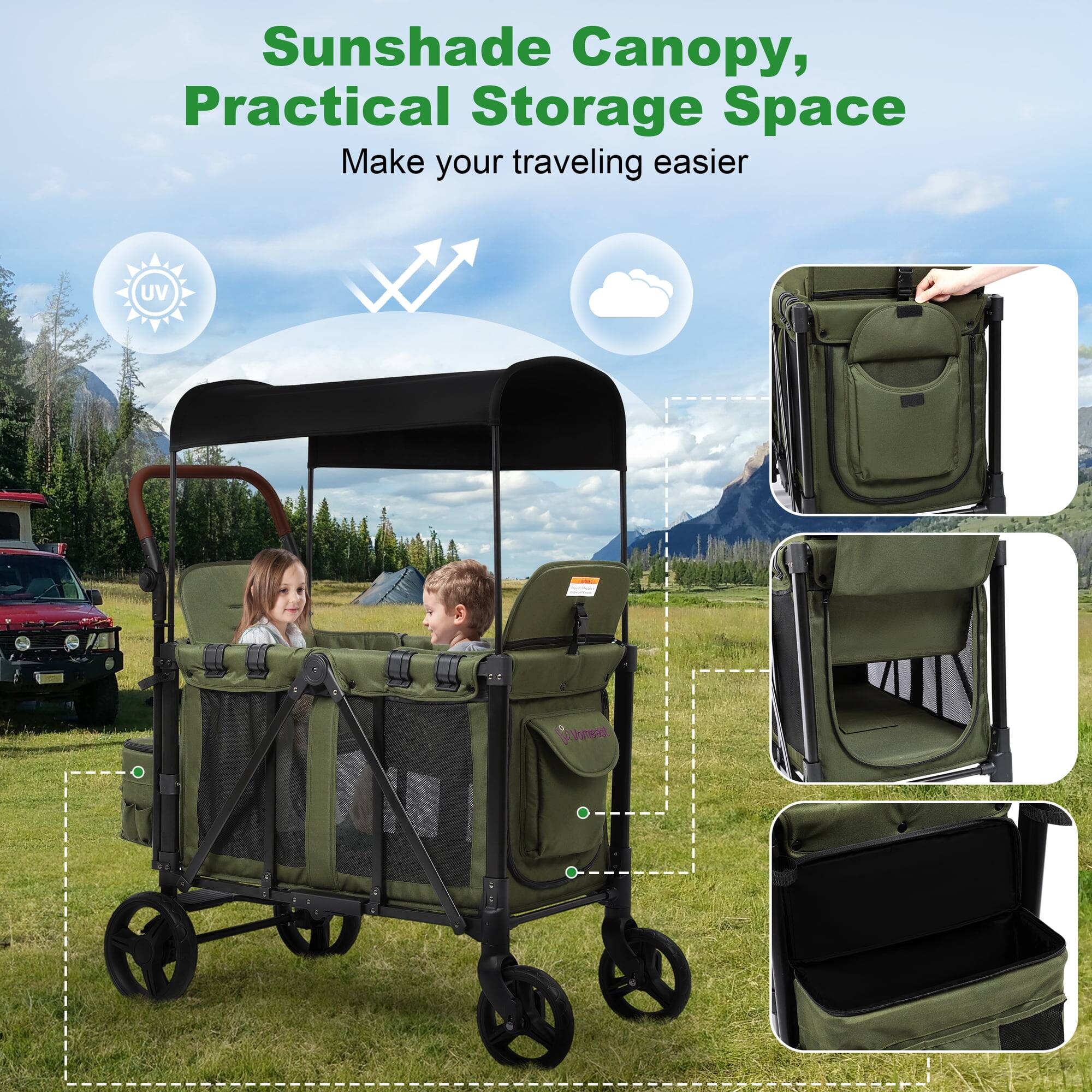 Sunshade Canopy, Practical Storage Space  
Make your traveling easier  
UV