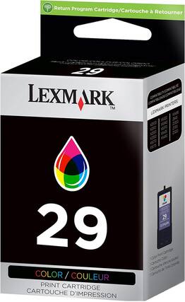 Return Program Cartridge/Cartouche à Retourner
LEXMARK 29
COMPATIBILITY/COMPATIBILITÉ
LEXMARK PRINTERS:
X5495 X5320 2845 X2500 X5340 Z300 X510 X5370 Z310 X2530 X5435 Z320 X2550 X5490 X5070 X5075
COLOR / COULEUR
PRINT CARTRIDGE CARTOUCHE D'IMPRESSION
1 Color Print Cartridge
1 Cartouche Color
1 Cartucho de Tinta Colorida
1 Cartouche d'encre couleur