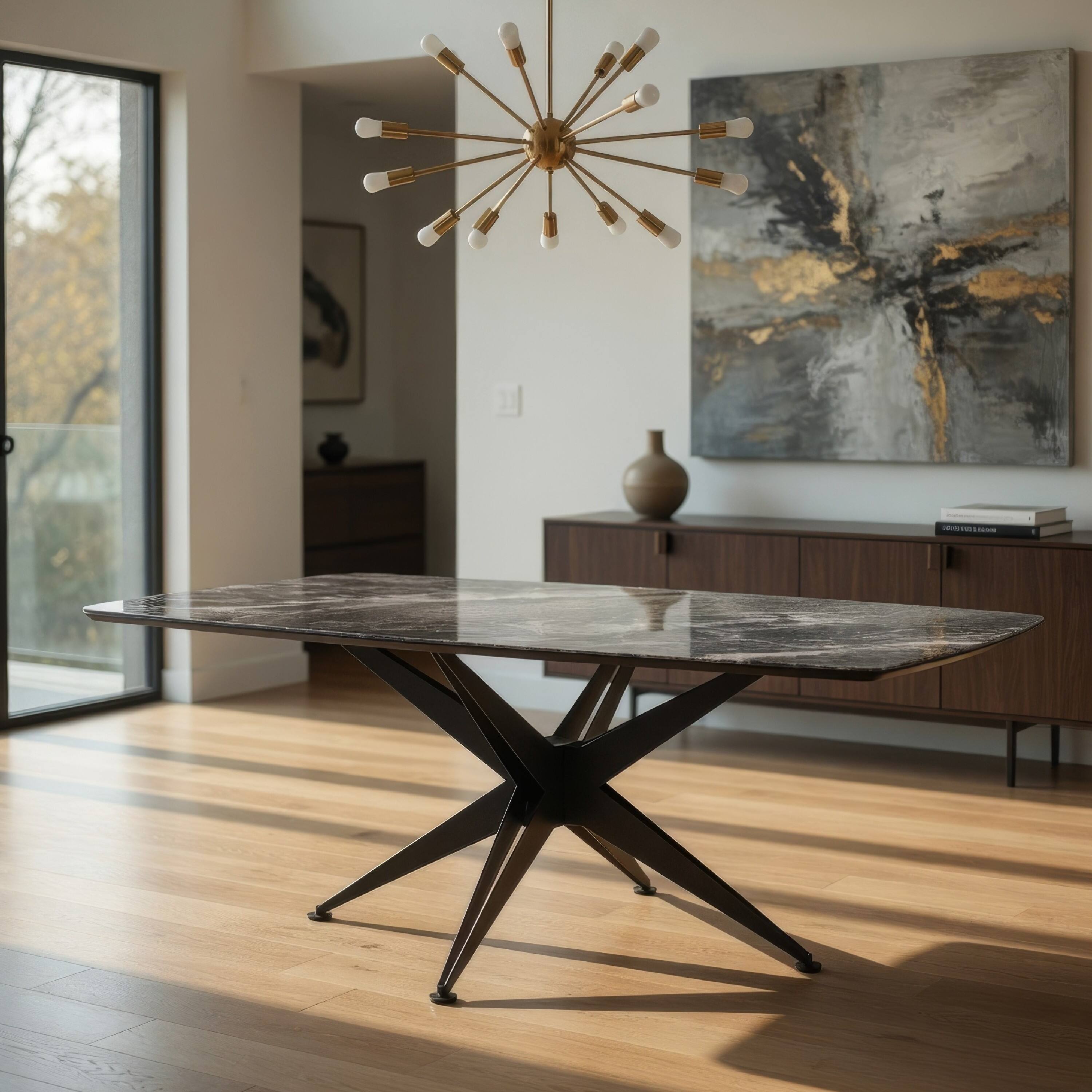 Alt View 8. Manhattan Lane - Laus Dining Table, 71 Inch Crystal Glass Top, Black Geometric Base - Black.