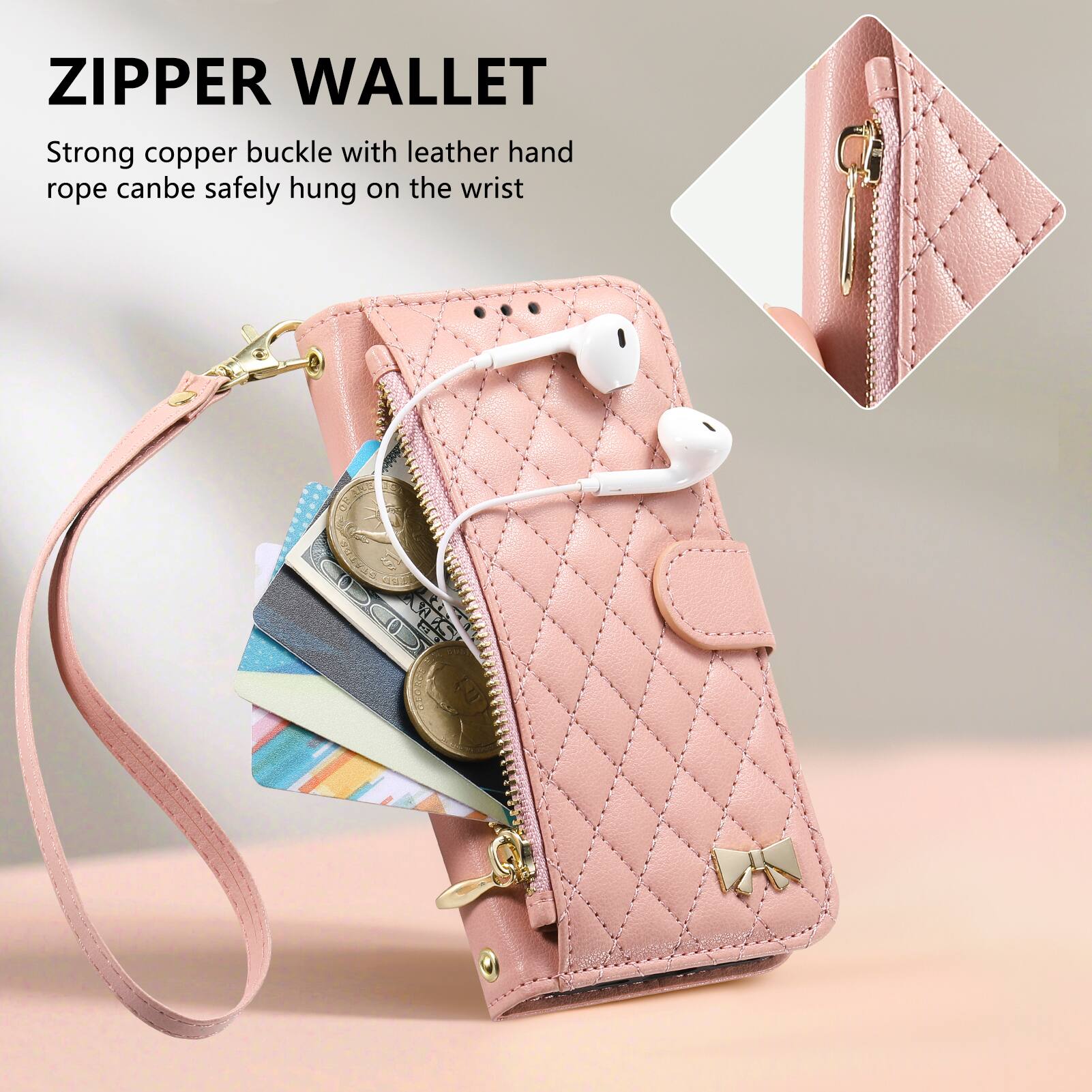 ZIPPER WALLET

Strong copper buckle with leather hand rope can be safely hung on the wrist