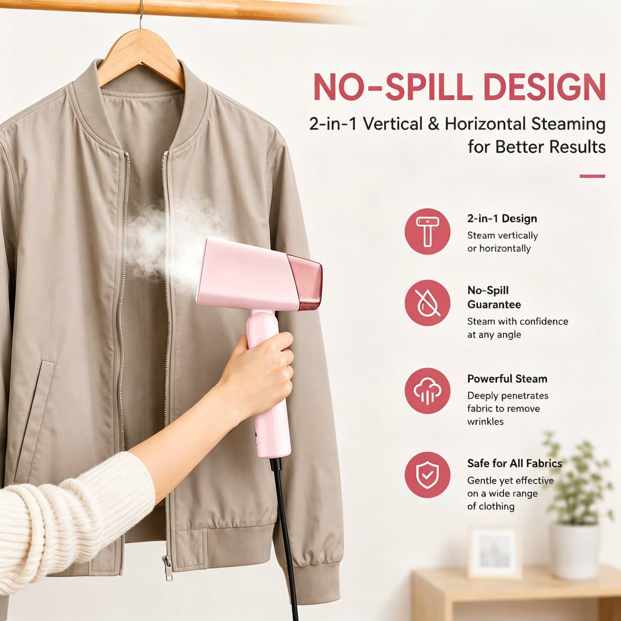 NO-SPILL DESIGN  
2-in-1 Vertical & Horizontal Steaming for Better Results

2-in-1 Design  
Steam vertically or horizontally

No-Spill Guarantee  
Steam with confidence at any angle

Powerful Steam  
Deeply penetrates fabric to remove wrinkles

Safe for All Fabrics  
Gentle yet effective on a wide range of clothing