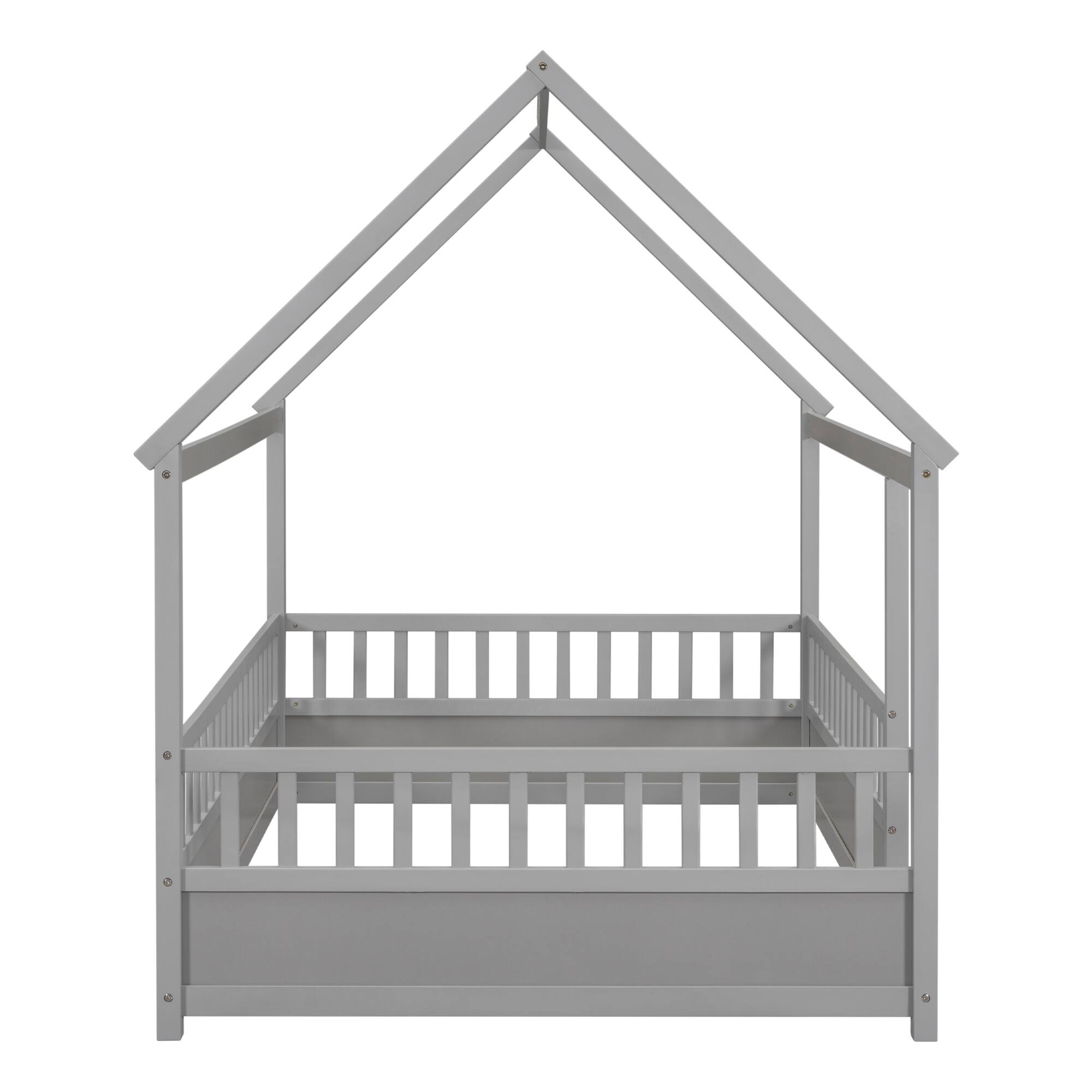 Alt View 6. GOODSILO - Full Size Floor Bed with Decorative House Roof Frame and Safety Guardrails for Children's Bedroom - Grey.