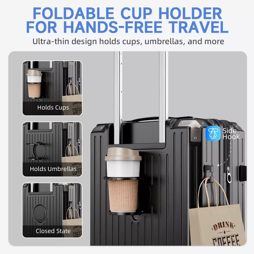 FOLDABLE CUP HOLDER FOR HANDS-FREE TRAVEL  
Ultra-thin design holds cups, umbrellas, and more  

- Holds Cups  
- Holds Umbrellas  
- Closed State  

Side Hook