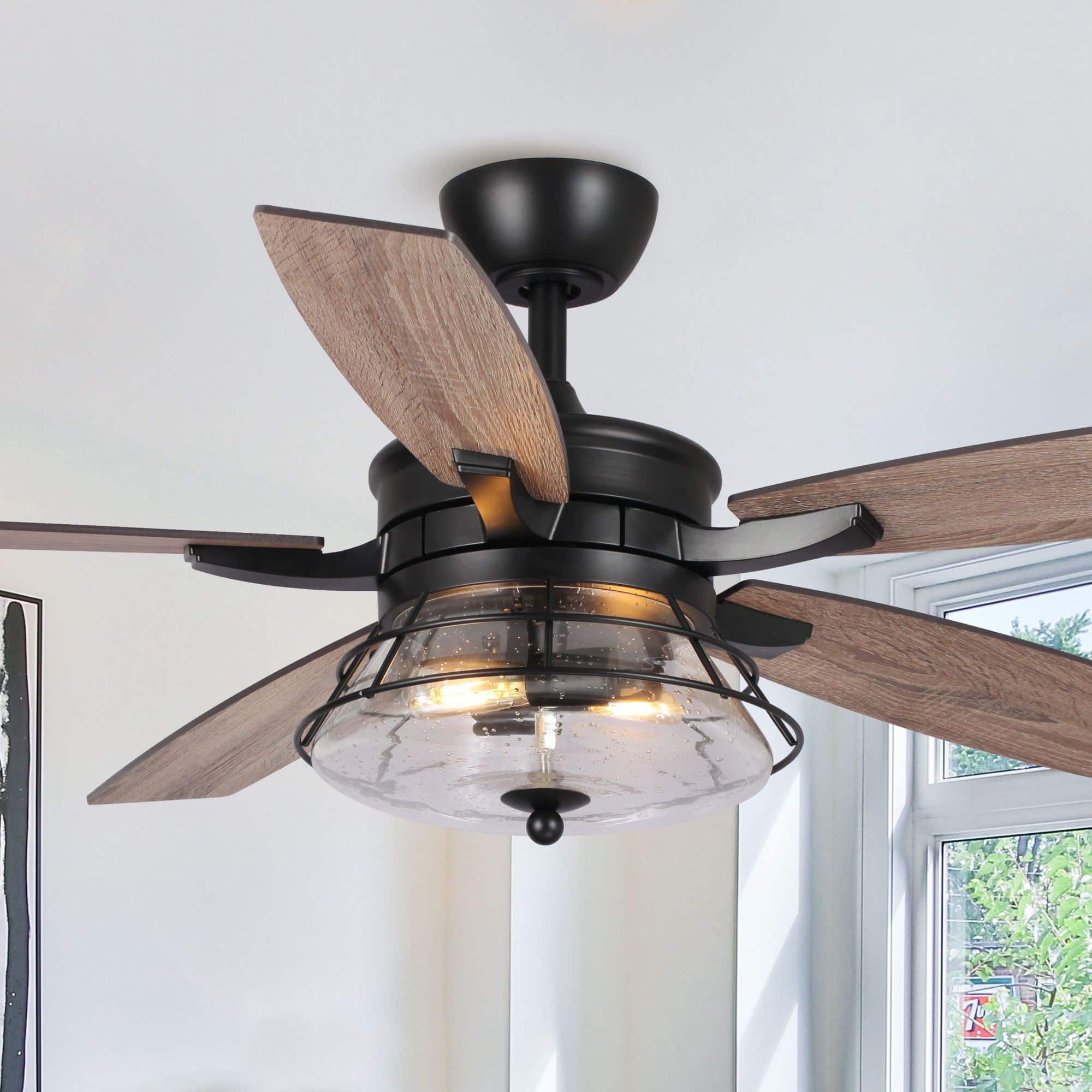 Front. Parrot Uncle - 52" Seeded Glass Black Industrial Indoor Ceiling Fan with Remote and Light Kit - Black.