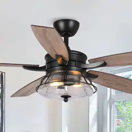 Parrot Uncle - 52" Seeded Glass Industrial Indoor Ceiling Fan with Remote and Light Kit - Black