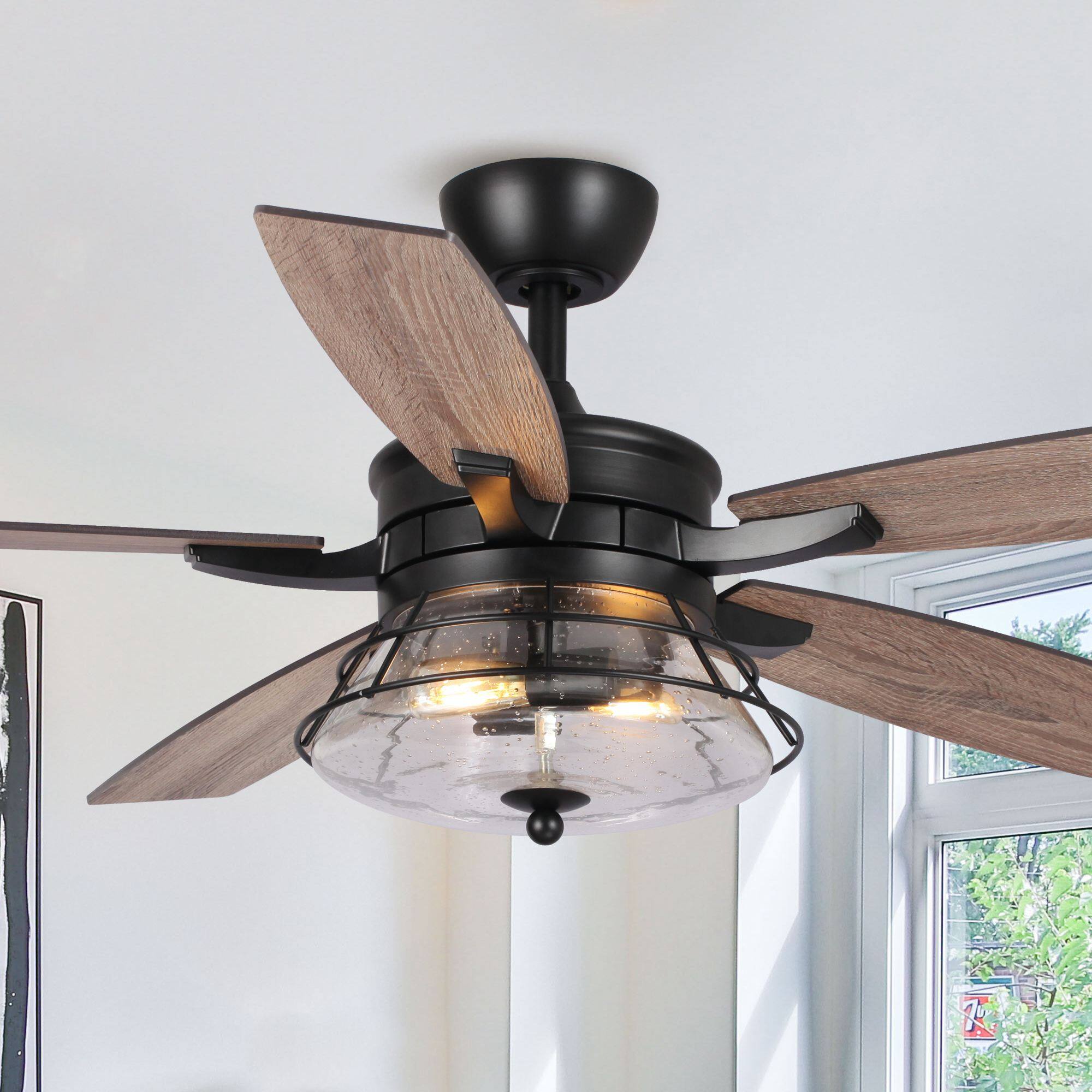 Parrot Uncle - 52" Seeded Glass Industrial Indoor Ceiling Fan with Remote and Light Kit - Black
