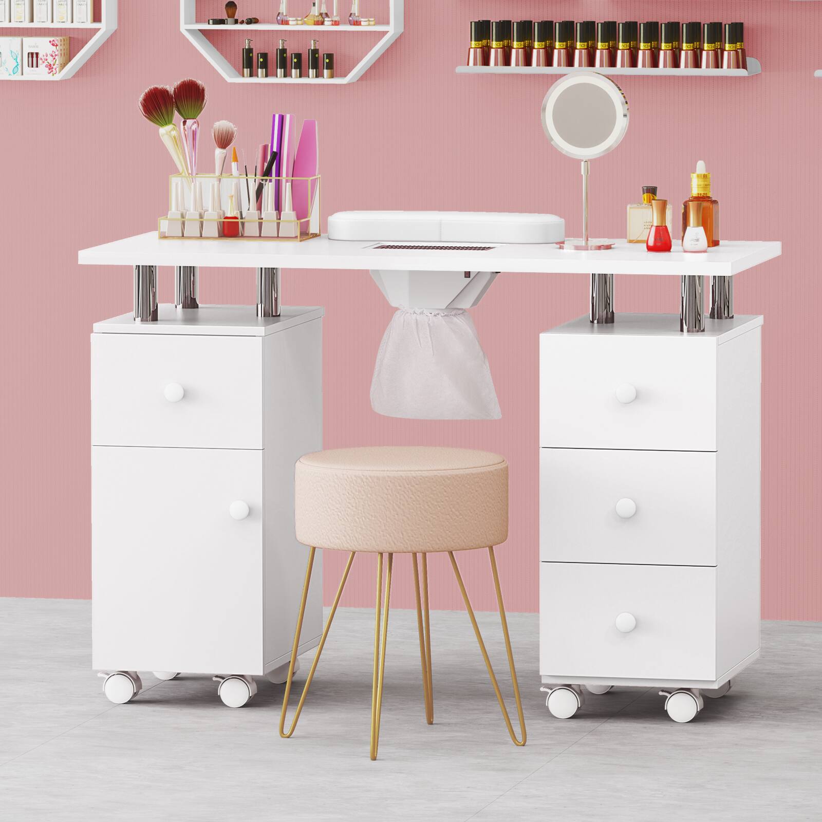 Alt View 1. Costway - Costway Rolling Manicure Table Nail Desk with with 8 Lockable Wheels & Electric Dust Collector 3 Dust Bags Wrist Rest - White.