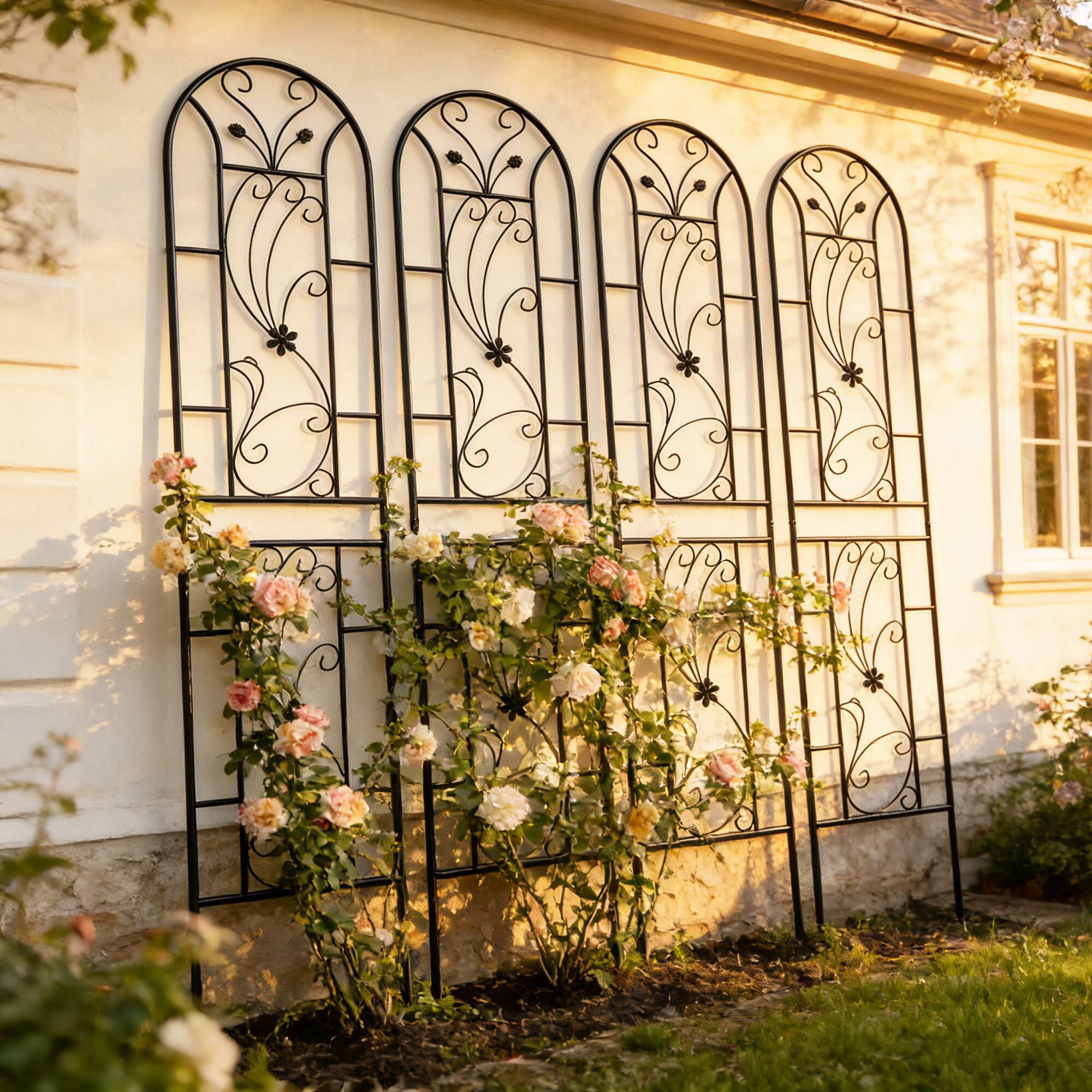 Back. Loheer - 4 Pack Rustproof Metal Garden Trellis 7.2 ft x 1.6 ft for Climbing Plants Peacock Style.