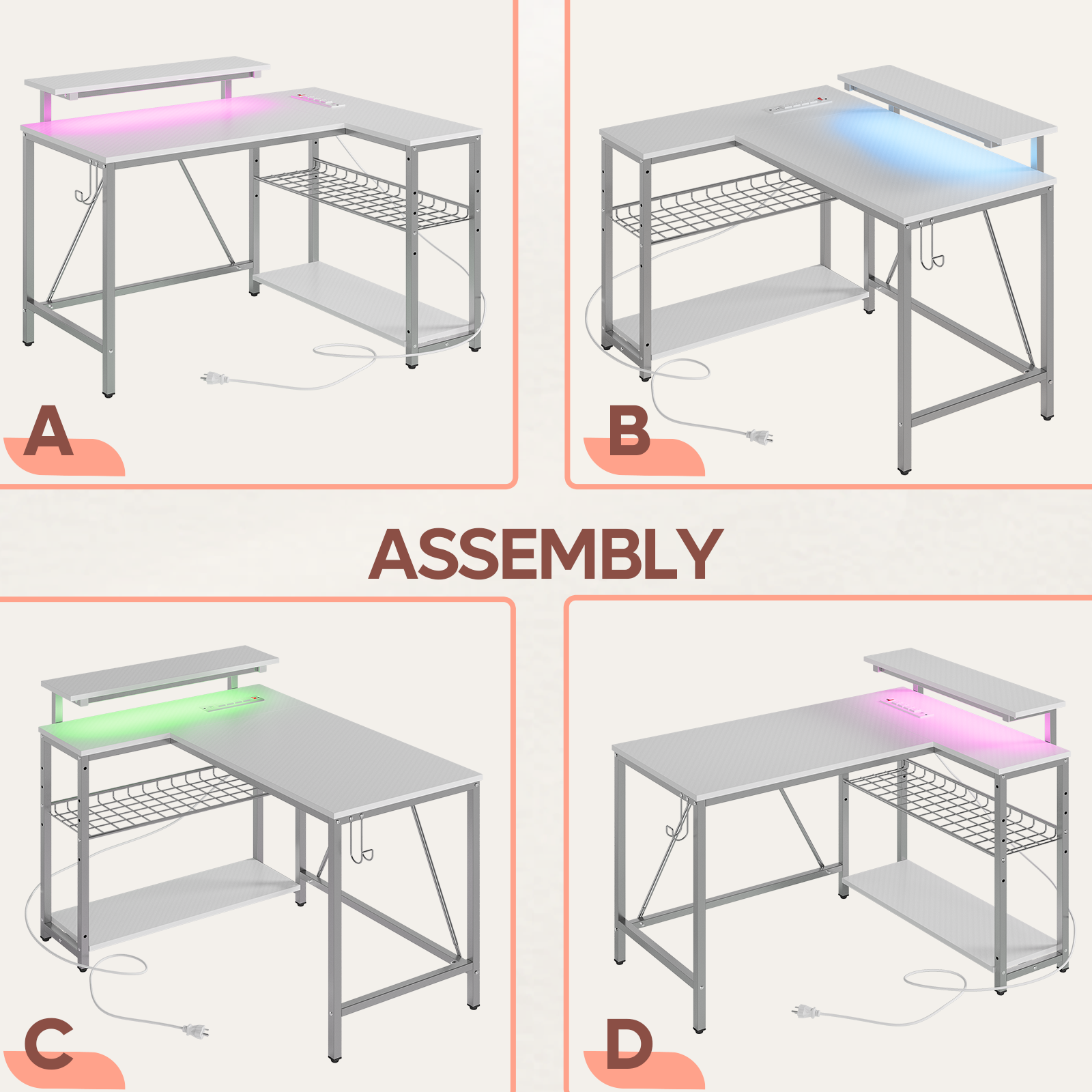 Left. Bestier - L-Shaped Gaming Desk with Power Outlets LED Lights and Reversible Storage Shelves & Hooks - 42" Wide - White.