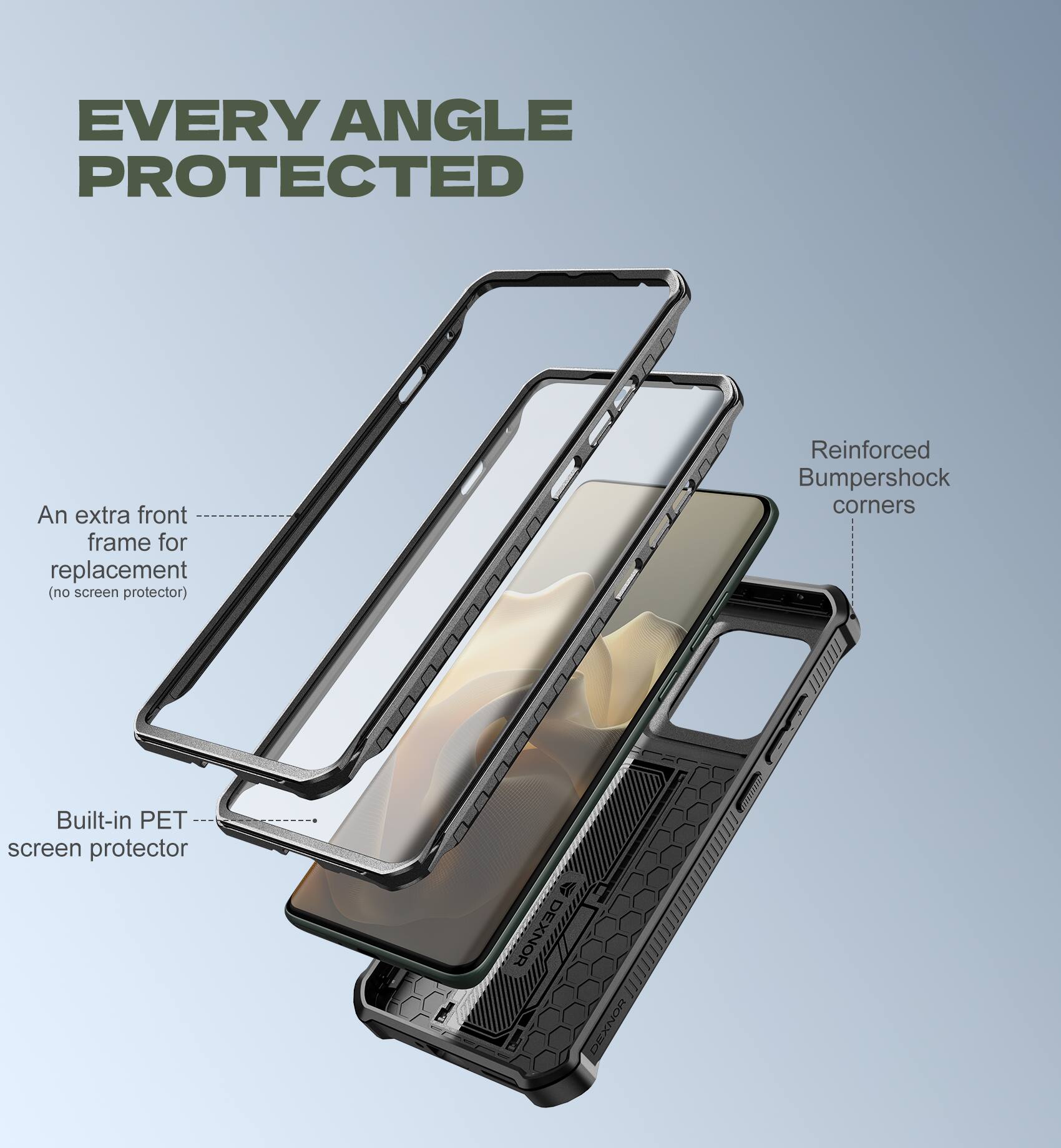 EVERY ANGLE PROTECTED

- An extra front frame for replacement (no screen protector)
- Built-in PET screen protector
- Reinforced Bumpershock corners