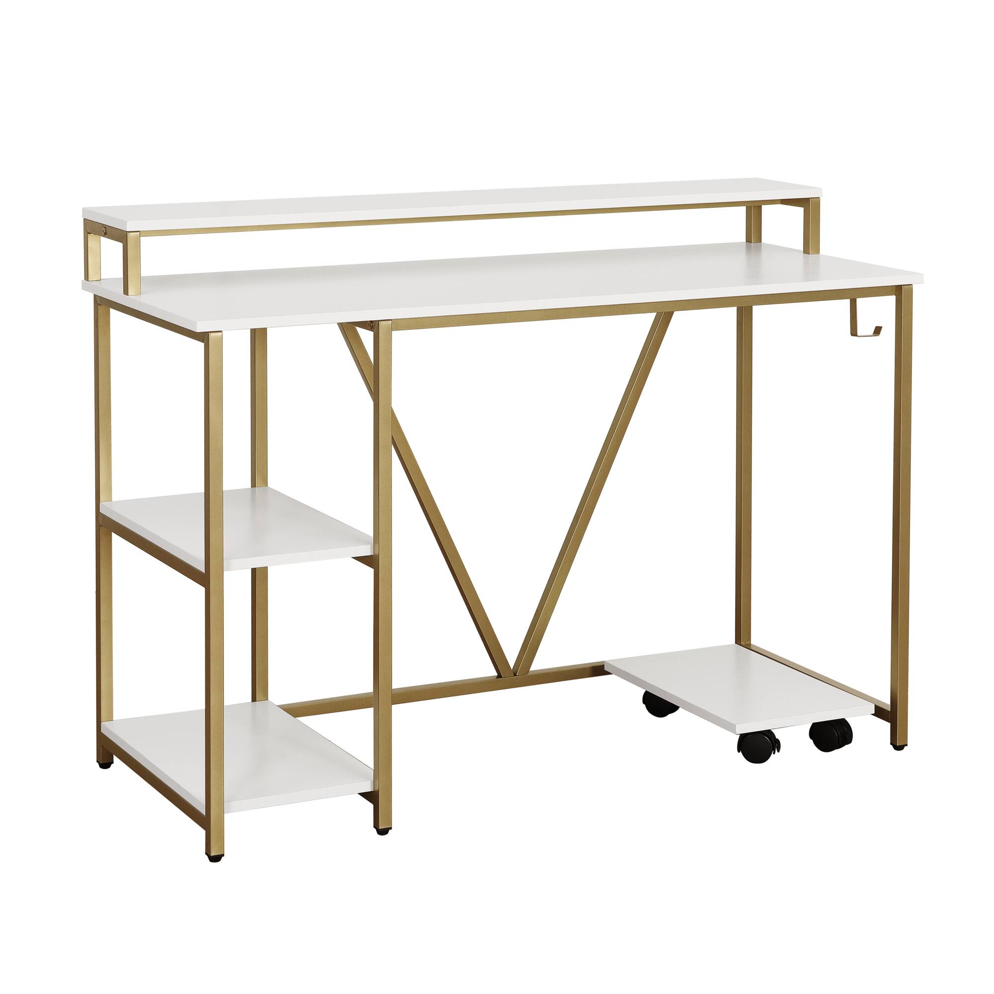 Alt View 9. GOODSILO - Industrial Style Writing Desk with Open Shelves and Mobile CPU Caddy - Gold.
