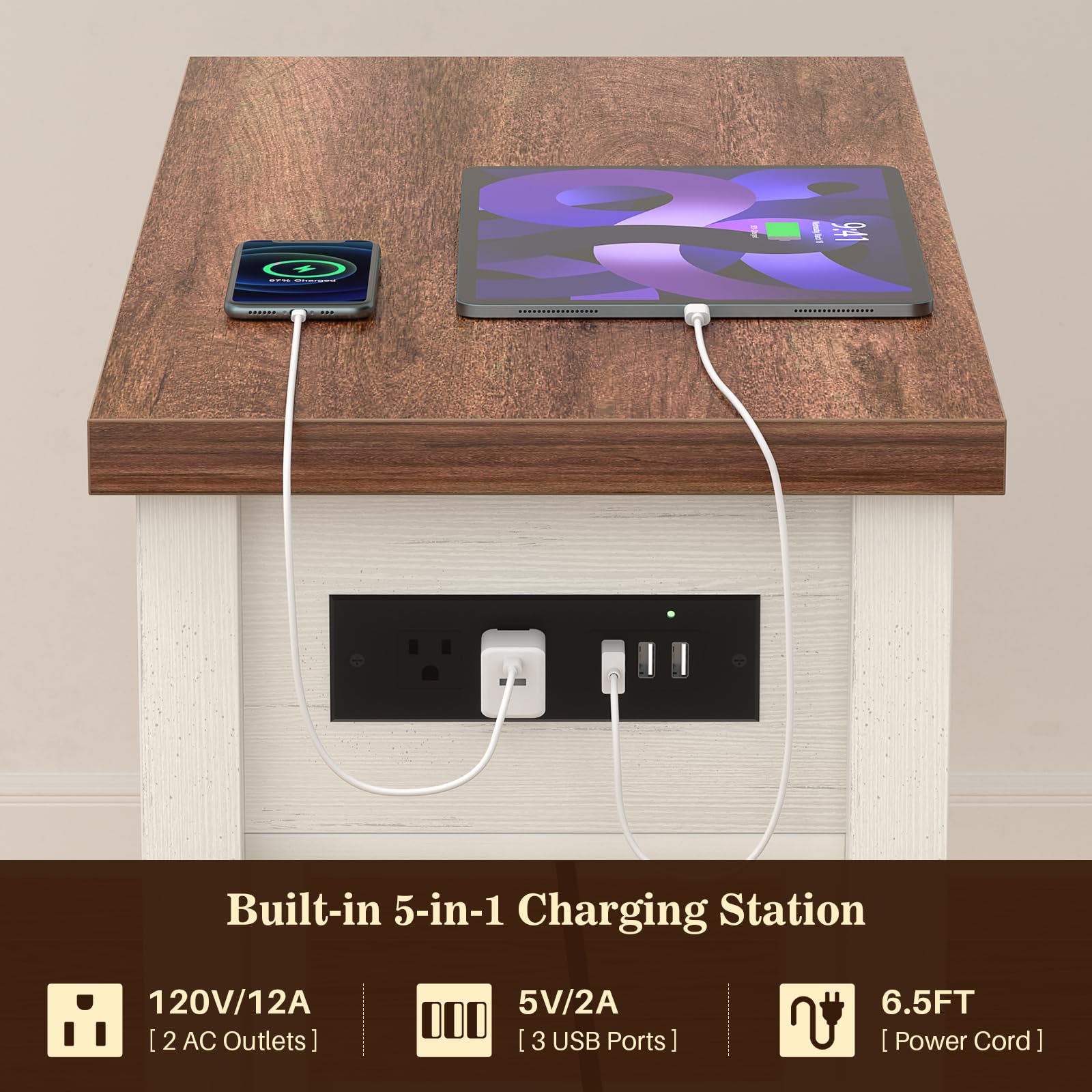 Built-in 5-in-1 Charging Station  
120V/12A [2 AC Outlets]  
5V/2A [3 USB Ports]  
6.5FT [Power Cord]