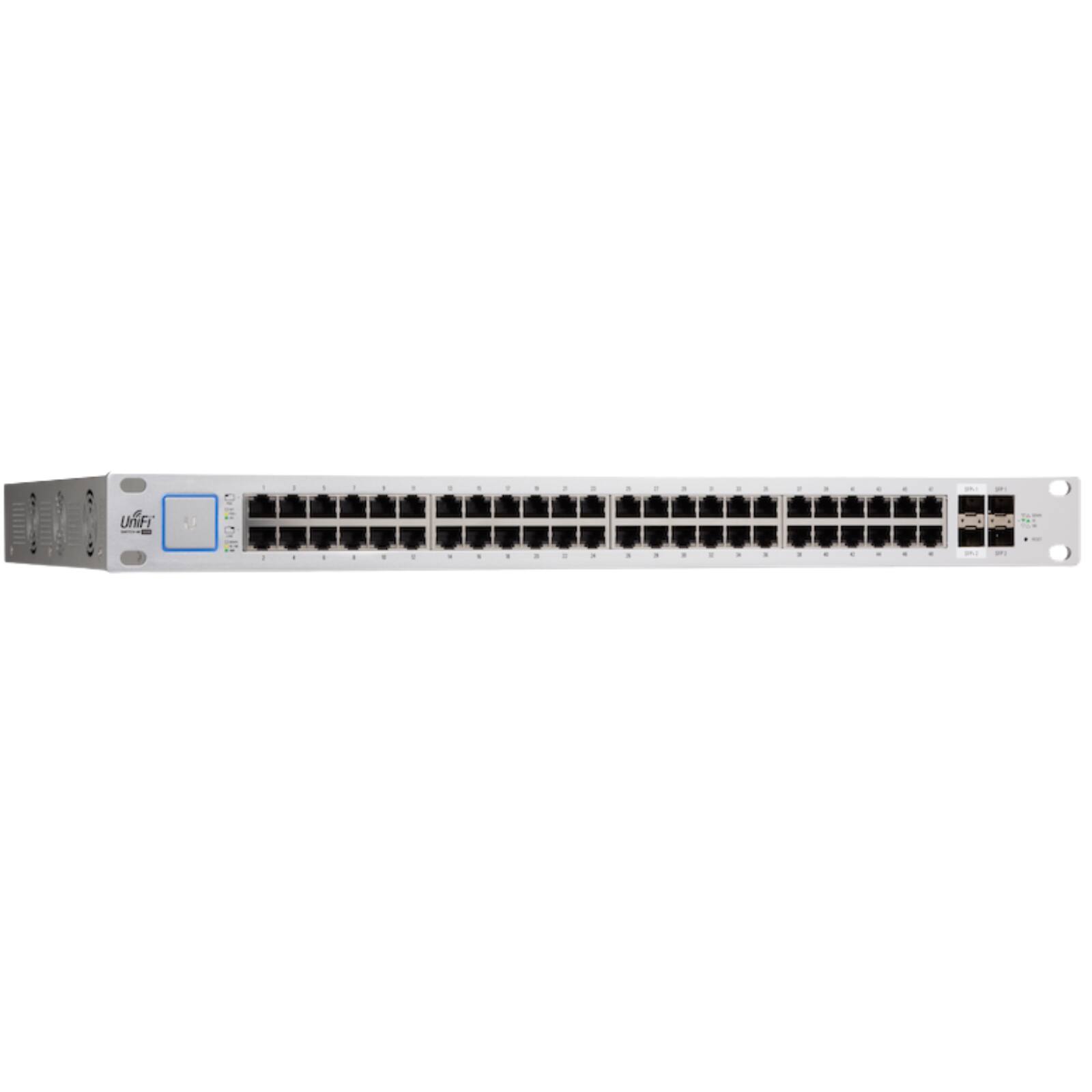 Left. Ubiquiti - US-48-500W 48-Port Gigabit PoE+ Managed Switch with 2x 10G SFP+ and 2x 1G SFP Uplinks.