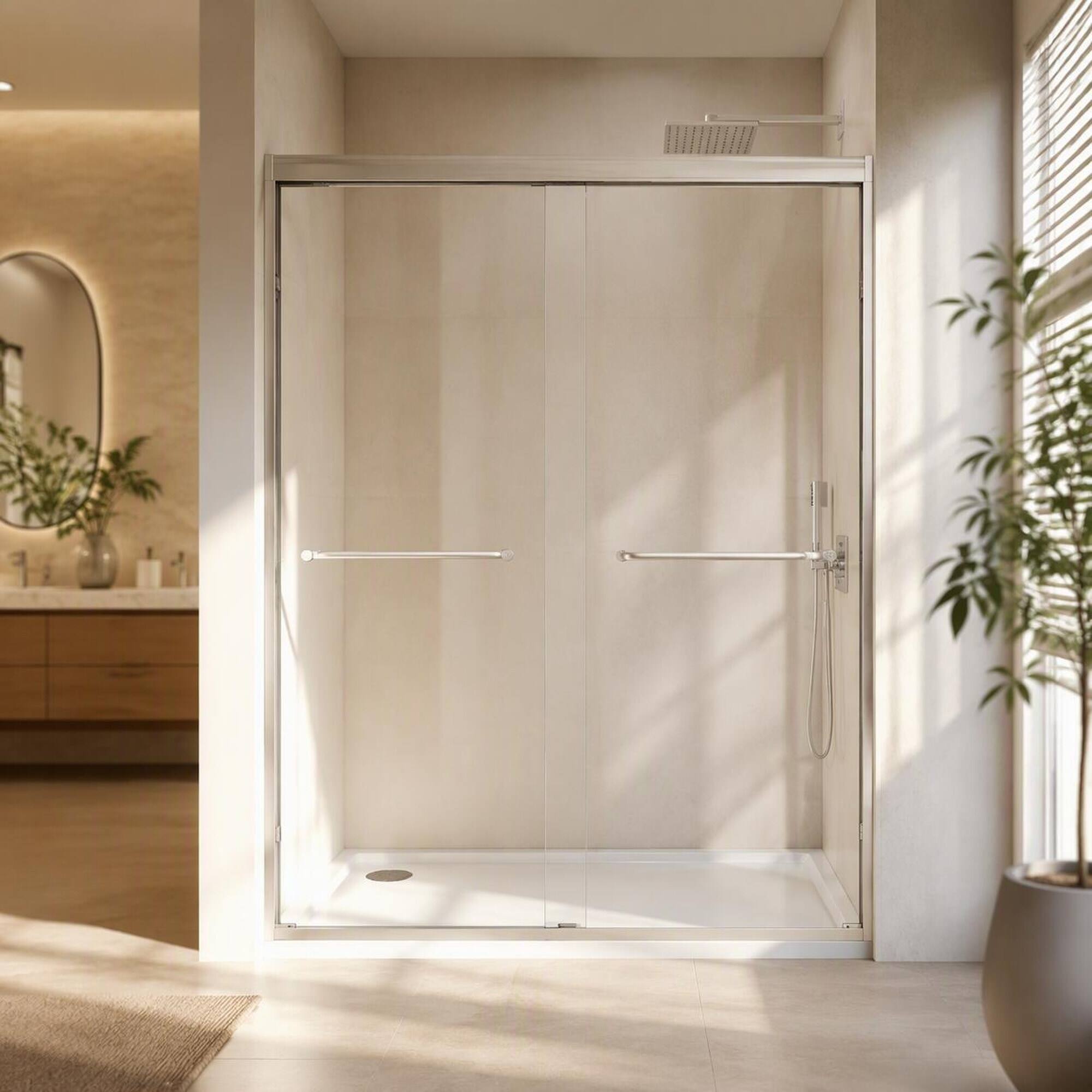 Front. RYHNUYNE - 56-60" X 72" Aluminum Frame Double Sliding Shower Door With 1/4" Tempered Glass, Brushed Nickel Steel Handle - Brushed Nickel.