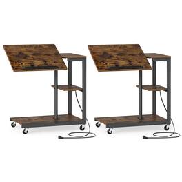 Costway - 2 PCS Height Adjustable C Table with Charging Station, Tiltable Tabletop, Wheels - Rustic Brown + Black